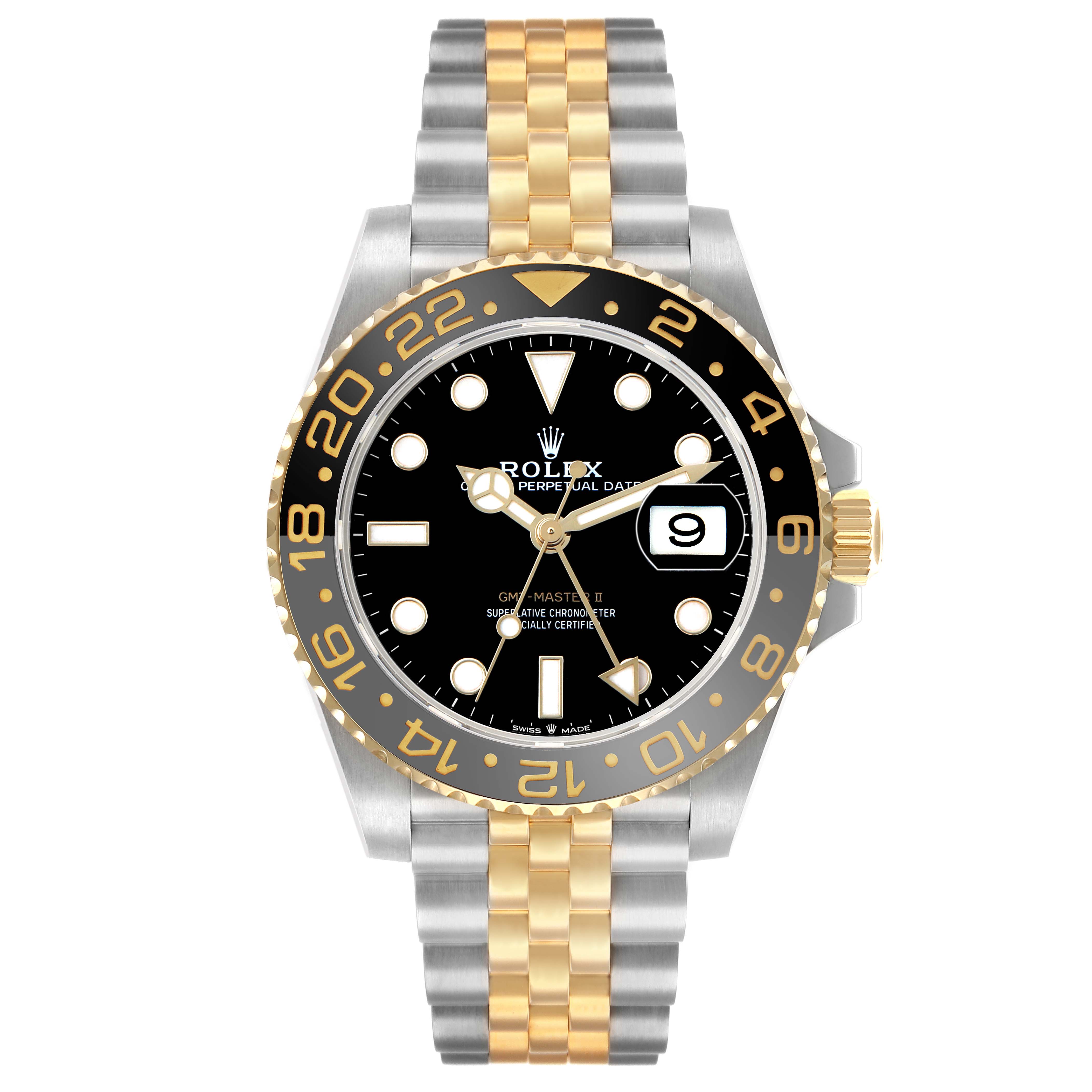 The Rolex GMT-Master 126713 Men's Steel and Gold (two tone) Black Dial watch is shown from the front, displaying its bezel, dial, bracelet, and date window.