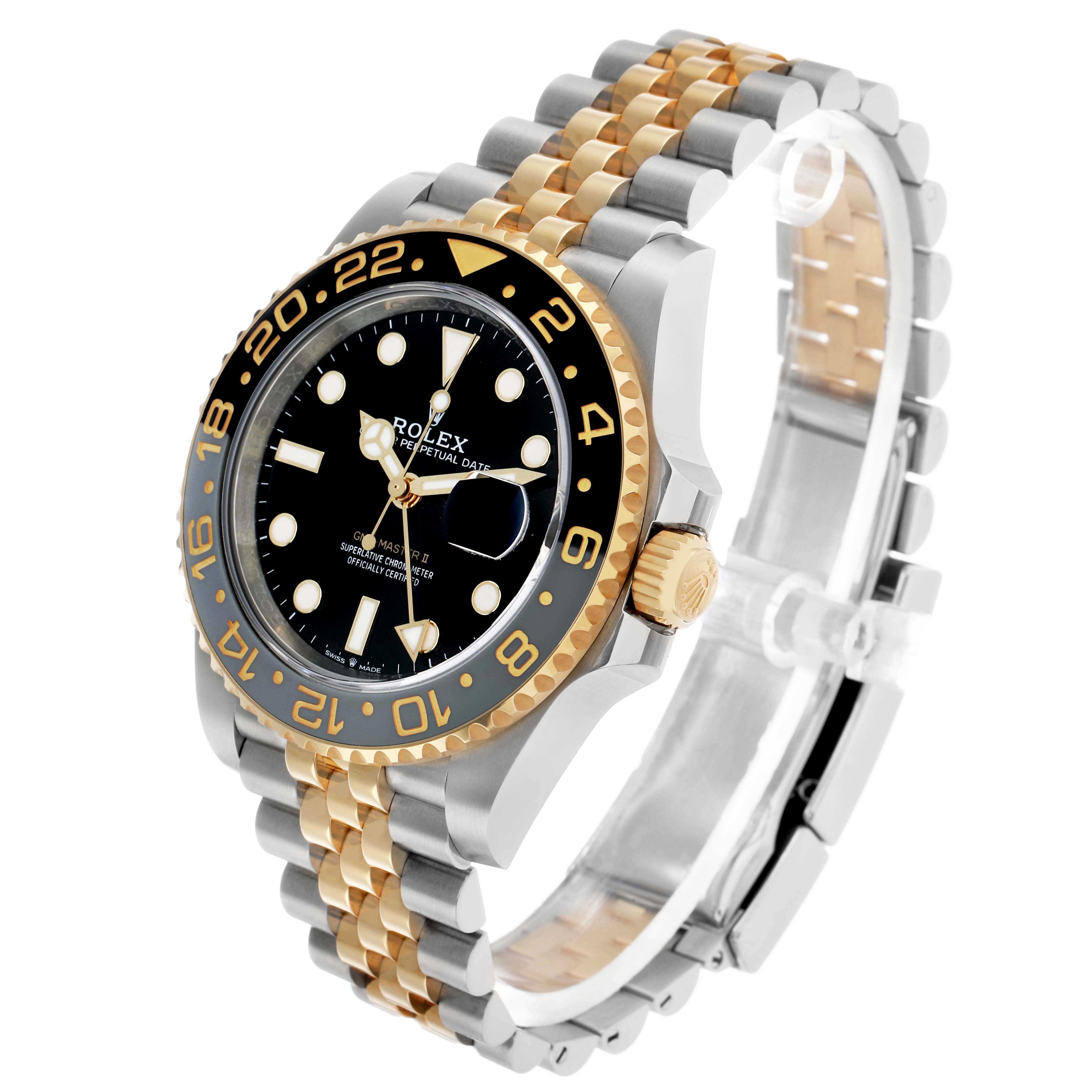 The Rolex GMT-Master 126713 Men's Steel and Gold (two tone) Black Dial is shown at a slight angle, highlighting its bezel, crown, dial, and two-tone bracelet.