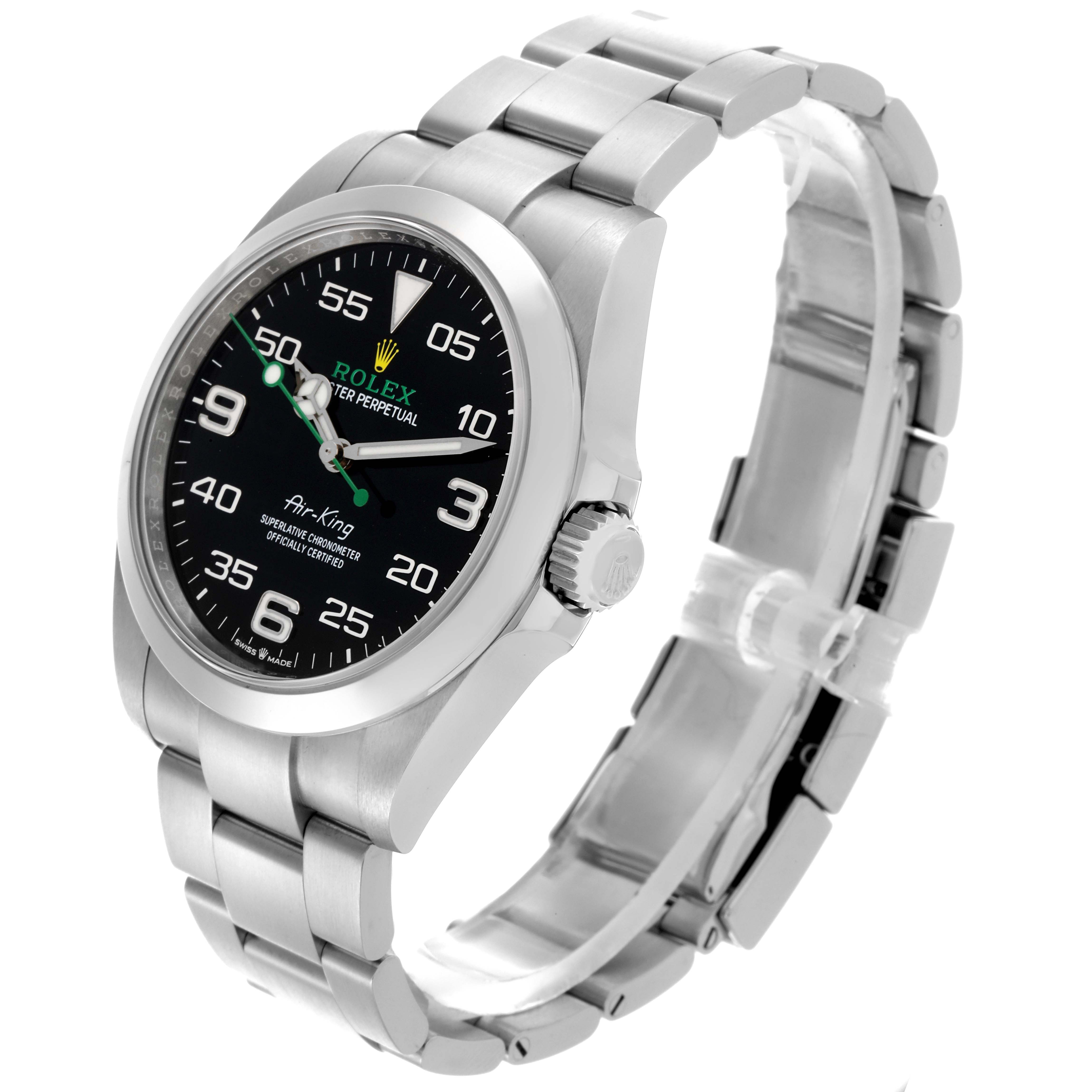 The Rolex Air-King 126900 Men's Stainless Steel Black Dial 126900 Men's Stainless Steel Black Dial watch is shown at a front-side angle, displaying the face, bezel, crown, and bracelet.