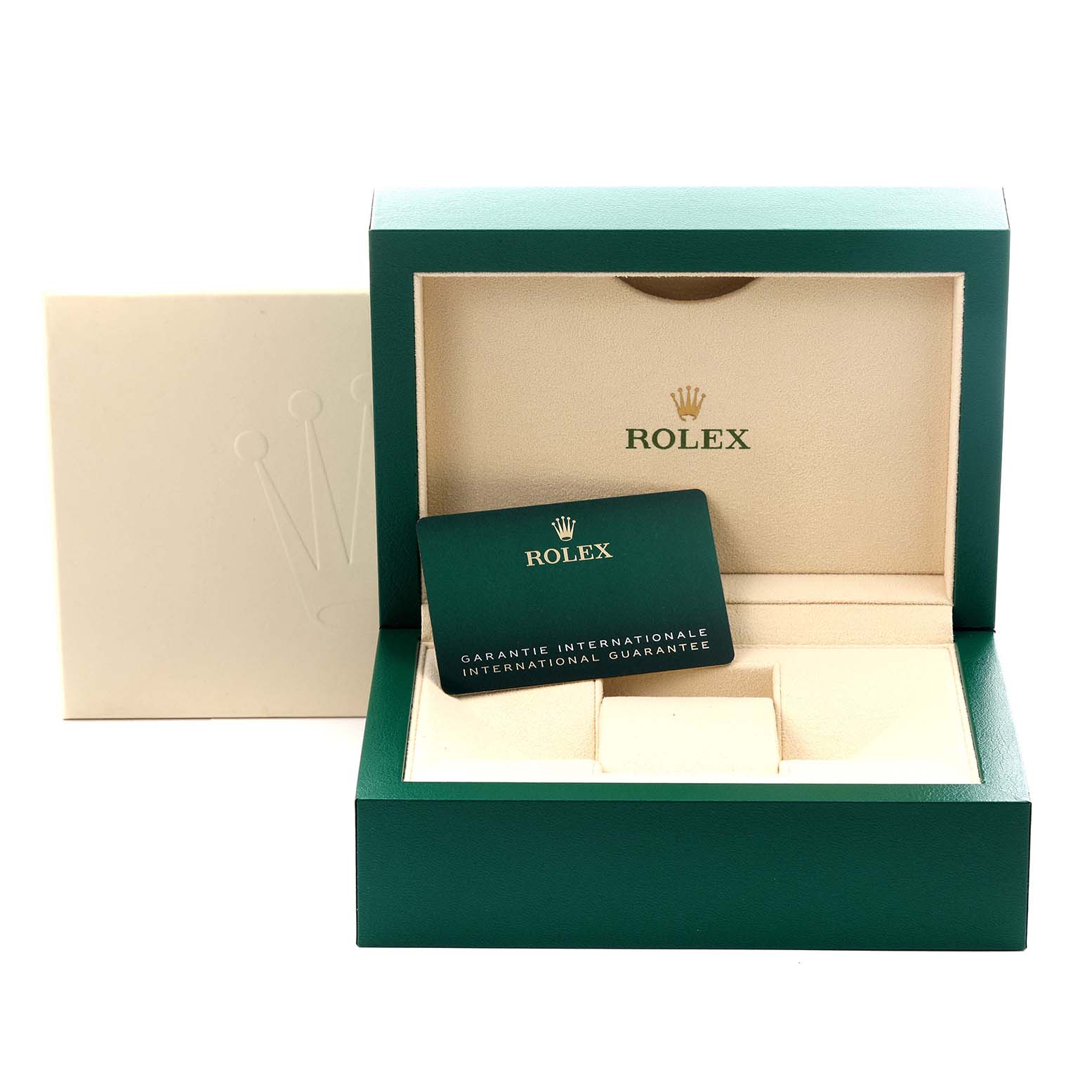 The image shows a Rolex Air-King 126900 Men's Stainless Steel Black Dial 126900 Men's Stainless Steel Black Dial box and guarantee card from a front angle, with no watch visible.