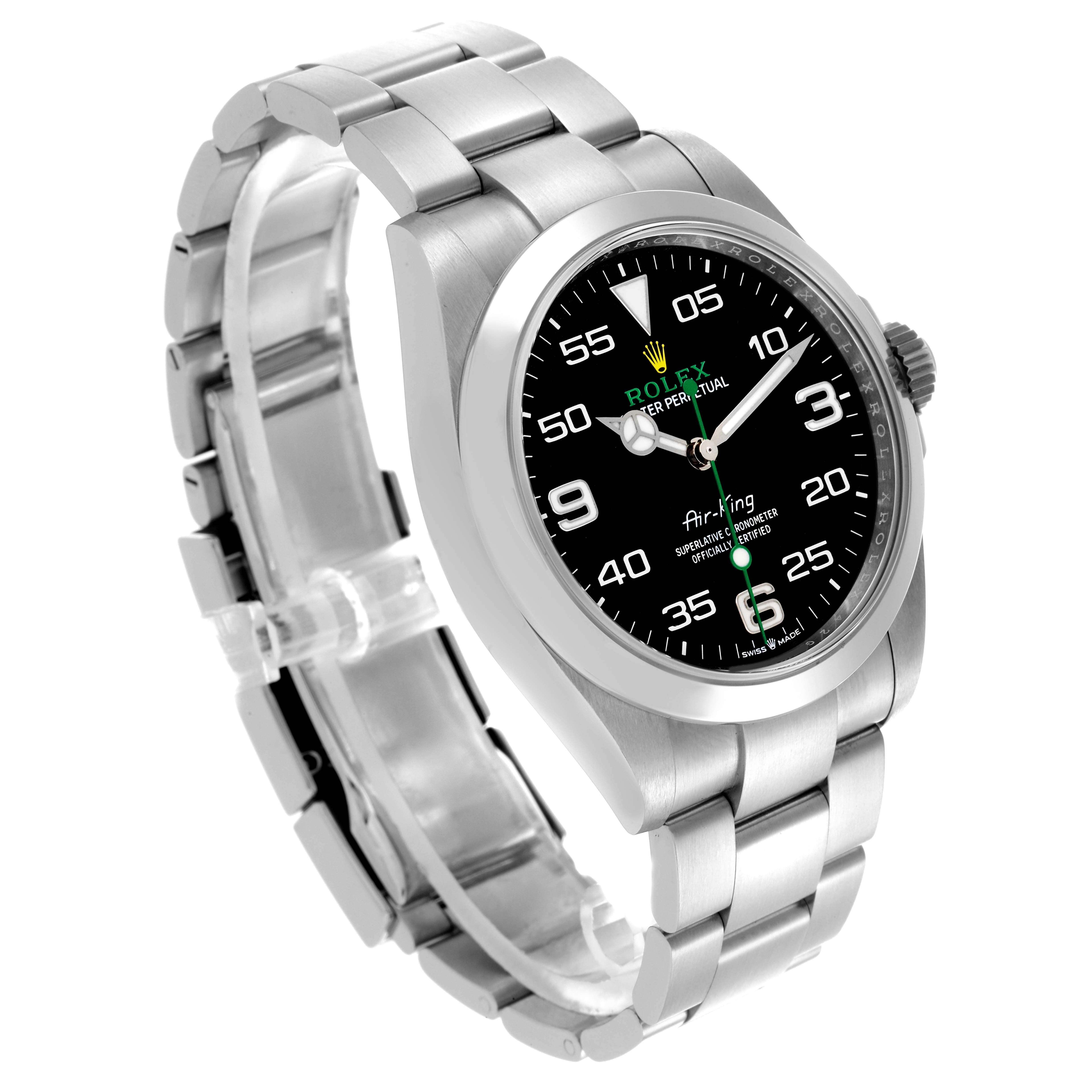 The Rolex Air-King 126900 Men's Stainless Steel Black Dial 126900 Men's Stainless Steel Black Dial watch is shown at a three-quarter angle displaying the face, bezel, and bracelet links.