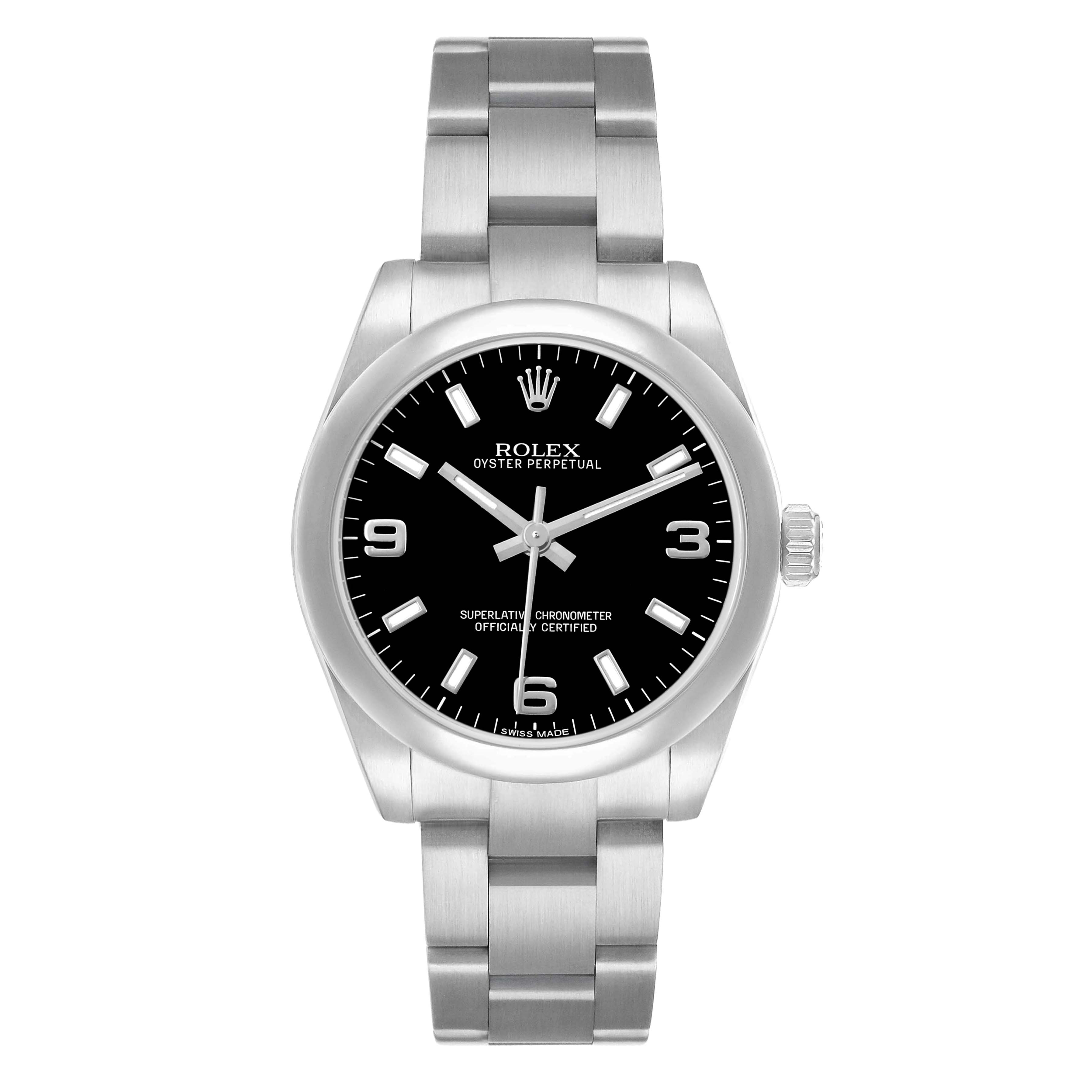 The Rolex Mid-Size 177200 Women's Stainless Steel Black Dial model is shown from a front angle, displaying the dial, bezel, and bracelet.