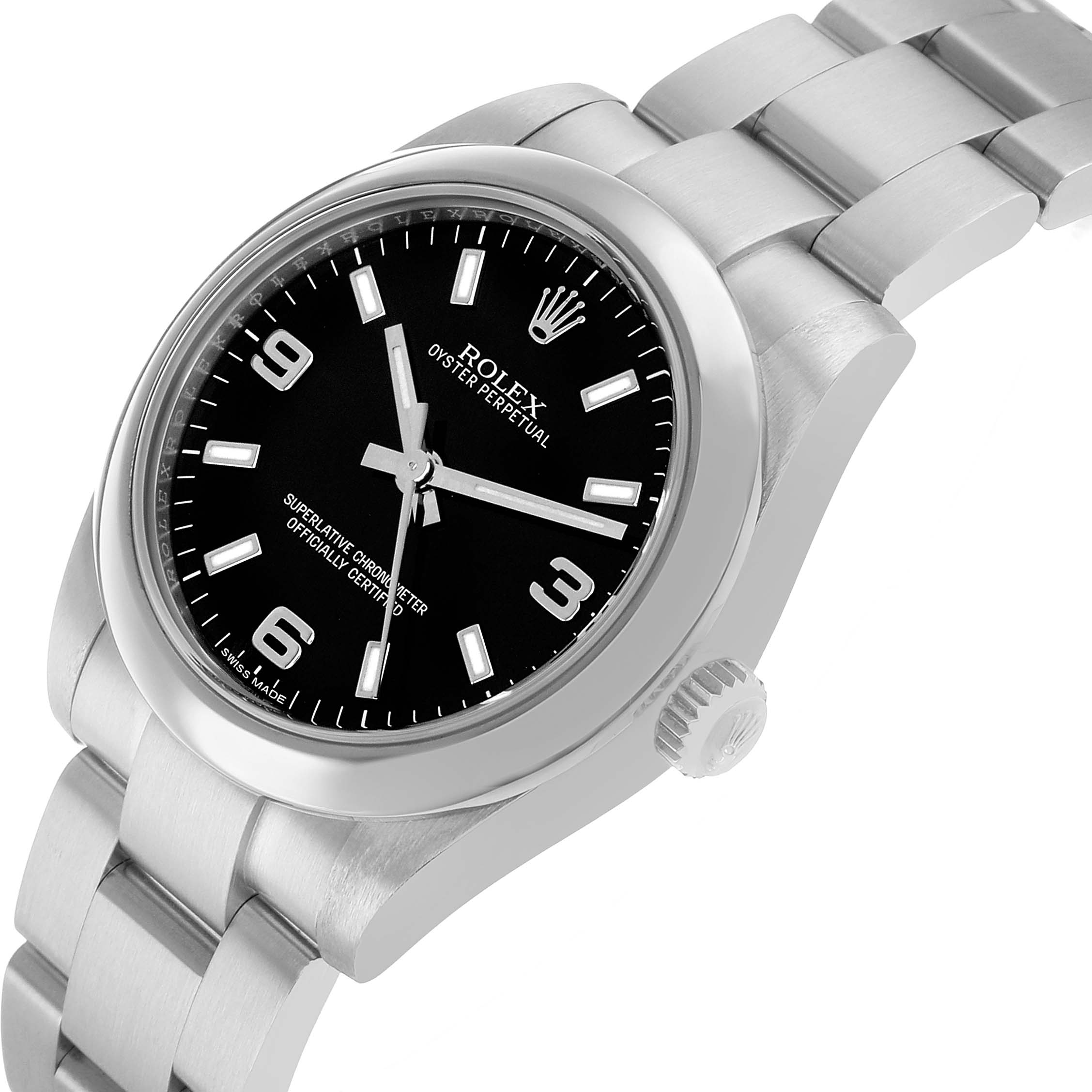 The Rolex Mid-Size 177200 Women's Stainless Steel Black Dial watch is shown from an angled view displaying the face, bezel, crown, and part of the bracelet.