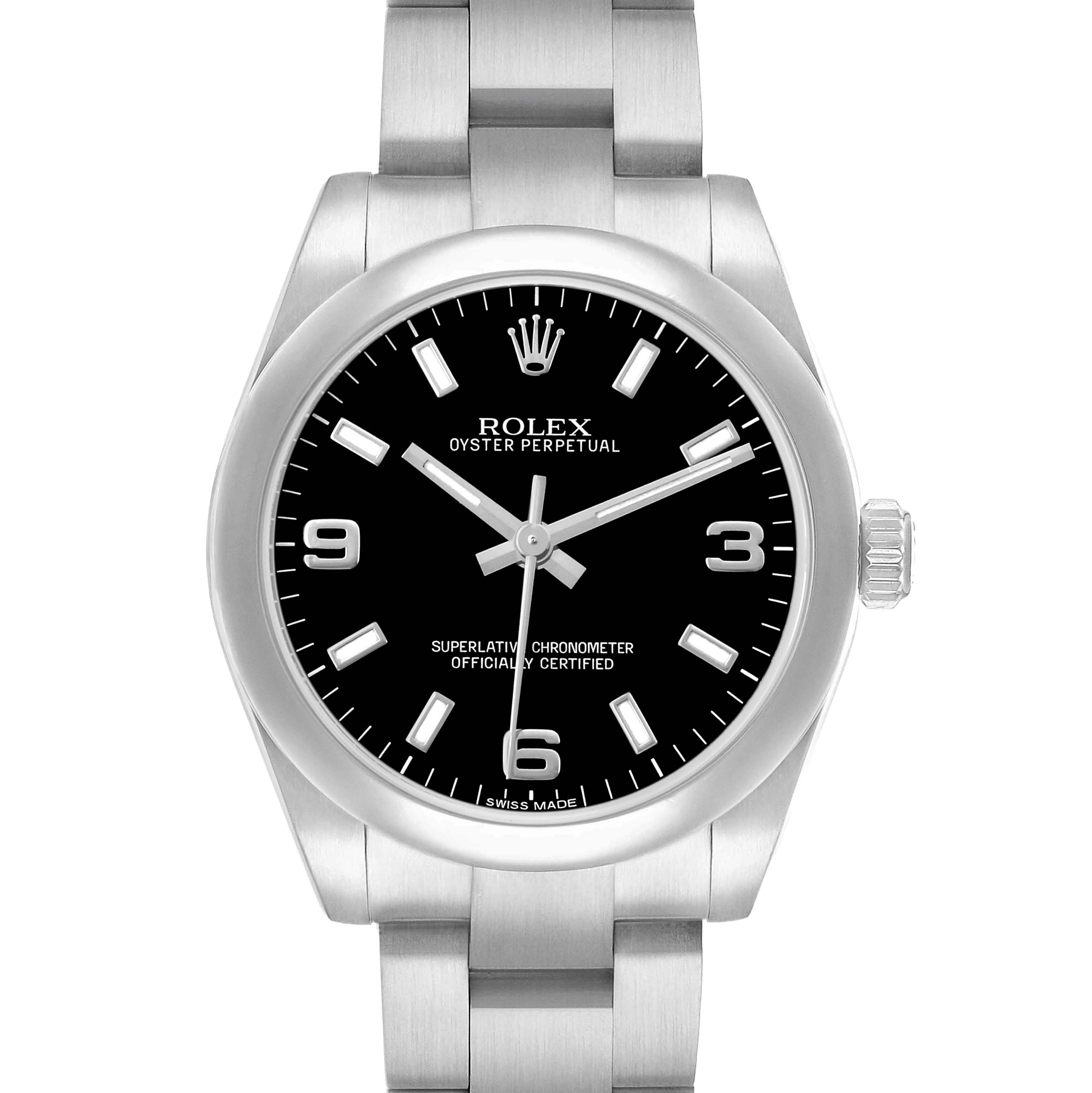 The Rolex Oyster Perpetual Mid-Size watch is shown from the front, displaying the dial, bezel, and part of the bracelet.
