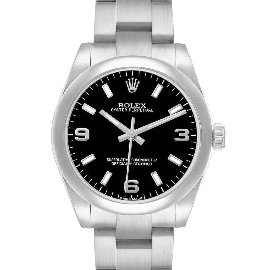 The Rolex Oyster Perpetual Mid-Size watch is shown from the front, displaying the dial, bezel, and part of the bracelet.