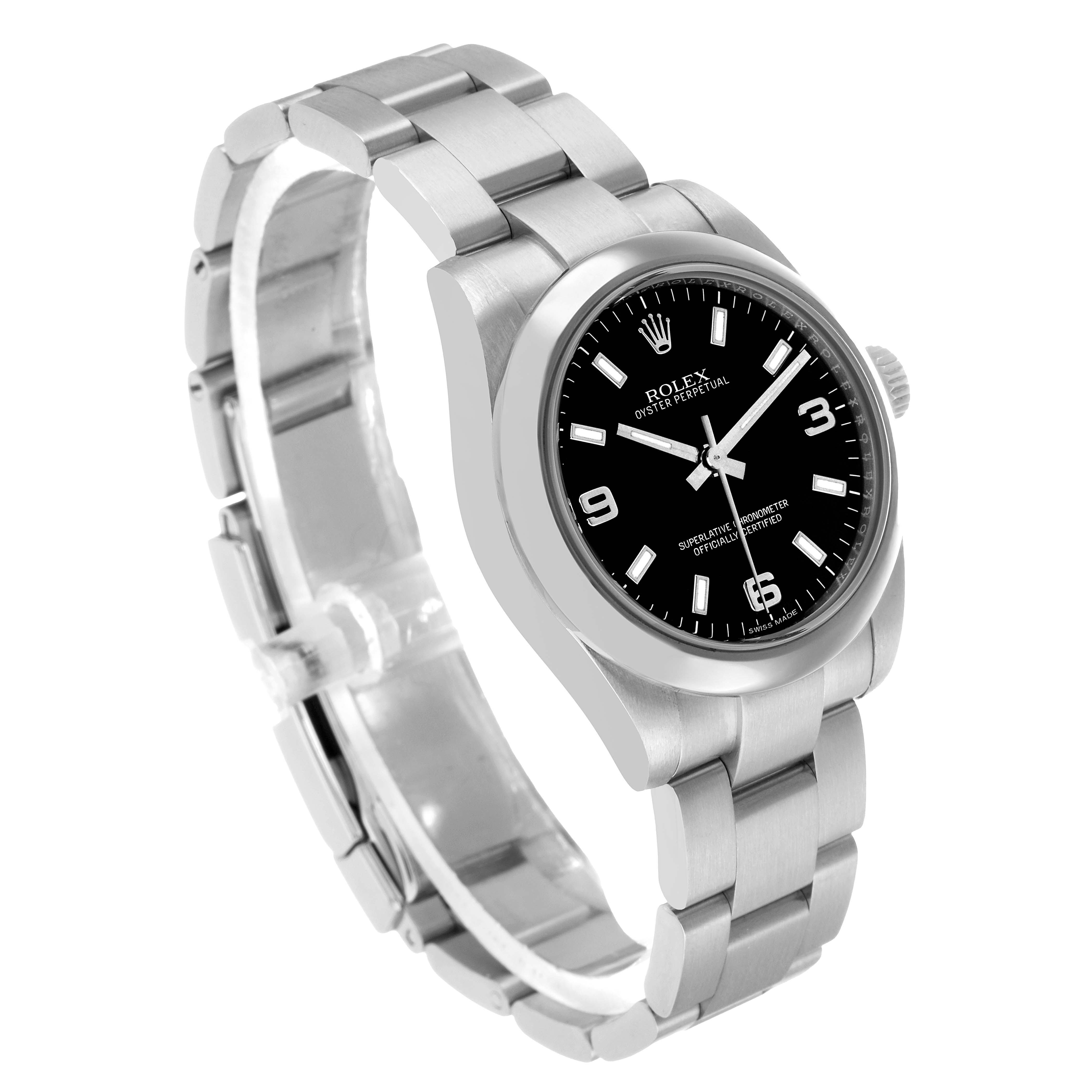 The Rolex Mid-Size 177200 Women's Stainless Steel Black Dial model is shown from an angled side view, highlighting its black dial, metal case, and bracelet.