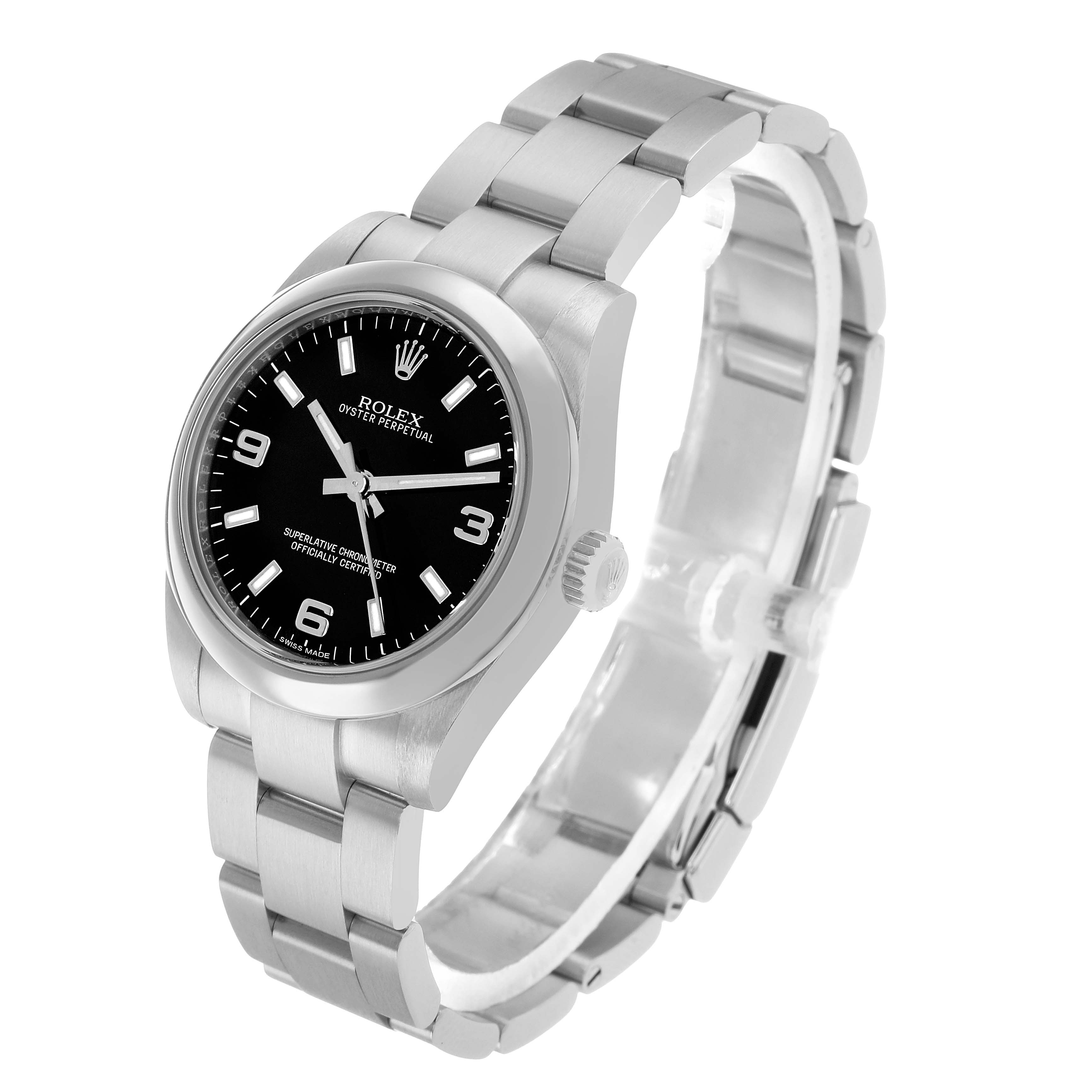 The Rolex Mid-Size 177200 Women's Stainless Steel Black Dial watch is shown at a slight angle, highlighting the black dial, stainless steel bracelet, and case.