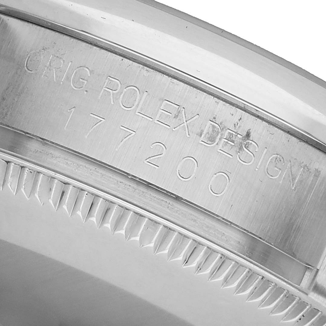 The image shows a close-up of the side engraving and case edge of a Rolex Mid-Size 177200 Women's Stainless Steel Black Dial watch, model 177200.