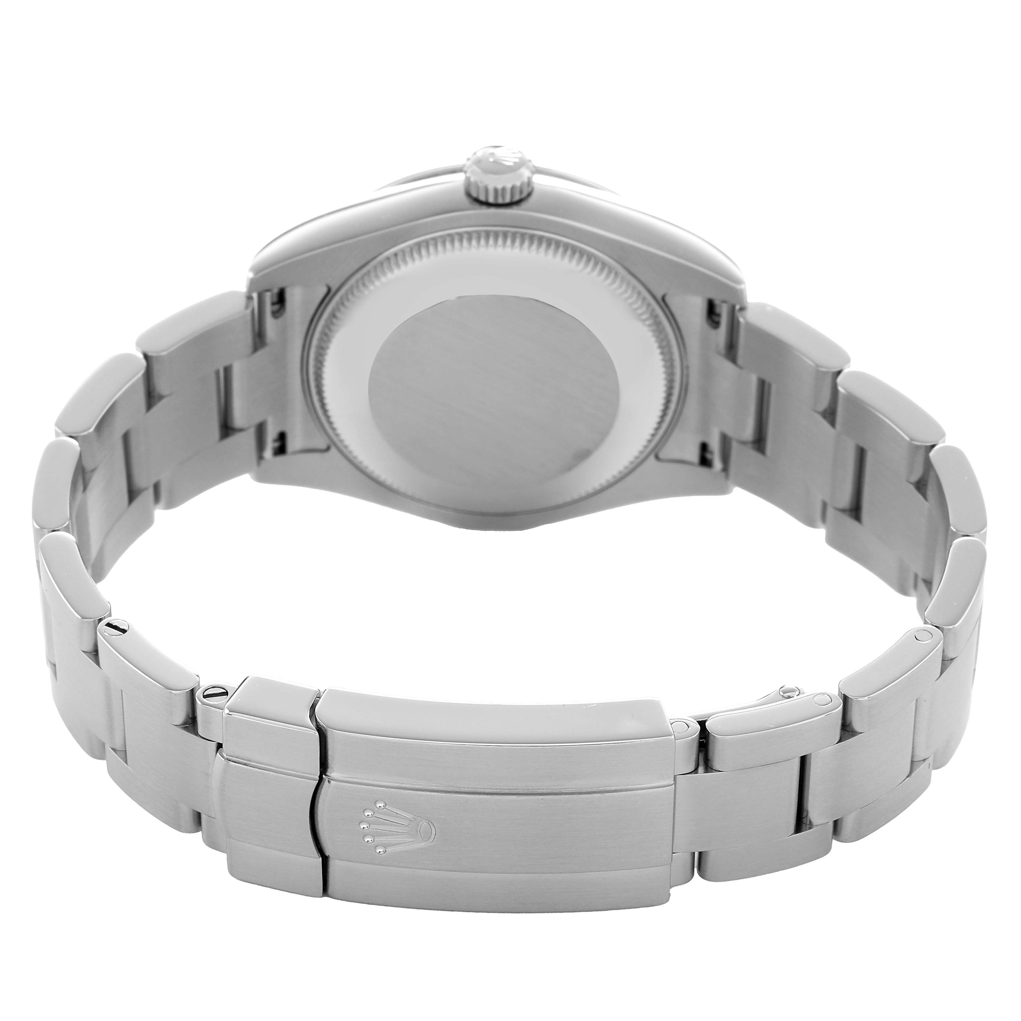 The Rolex Mid-Size 177200 Women's Stainless Steel Black Dial watch is shown from the back, highlighting the case back, bracelet, and clasp with the Rolex crown logo.