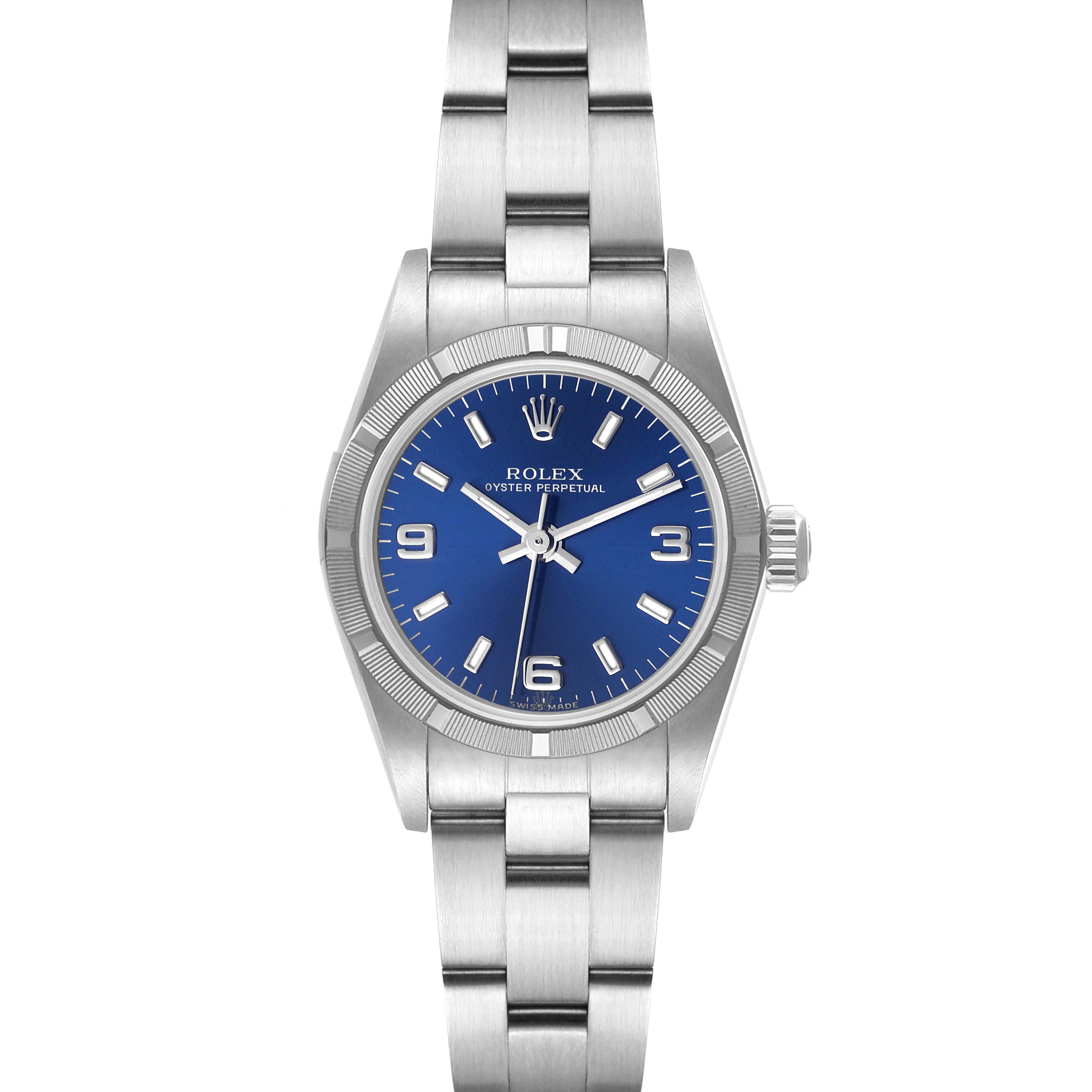 The image shows a front view of the Rolex Oyster Perpetual 76030 Women
s Stainless Steel Blue Dial 76030 Women
s Stainless Steel Blue Dial watch, displaying the dial, bezel, hands, and bracelet.
