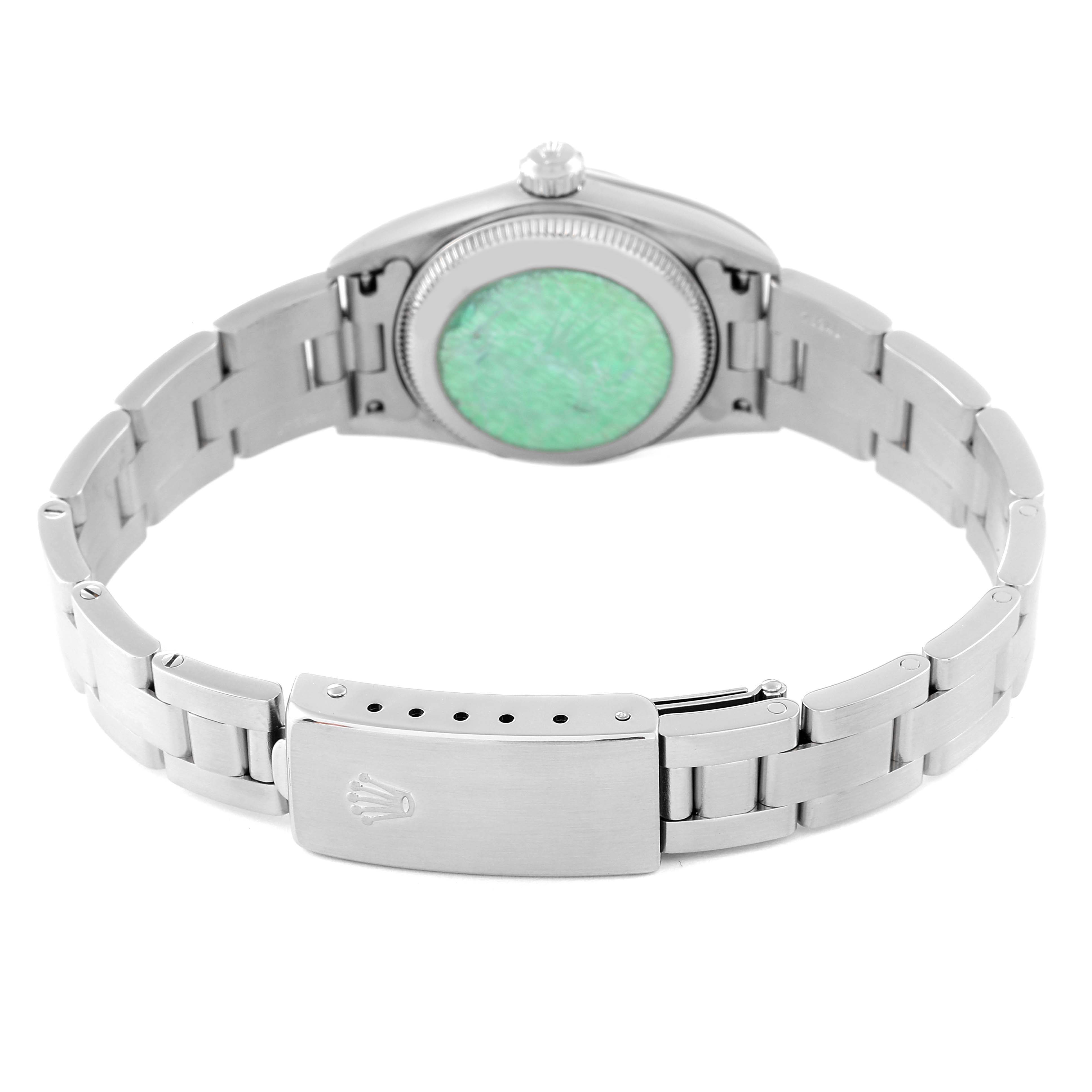 The angle shows the back and bracelet clasp of the Rolex Oyster Perpetual 76030 Women
s Stainless Steel Blue Dial 76030 Women
s Stainless Steel Blue Dial watch.