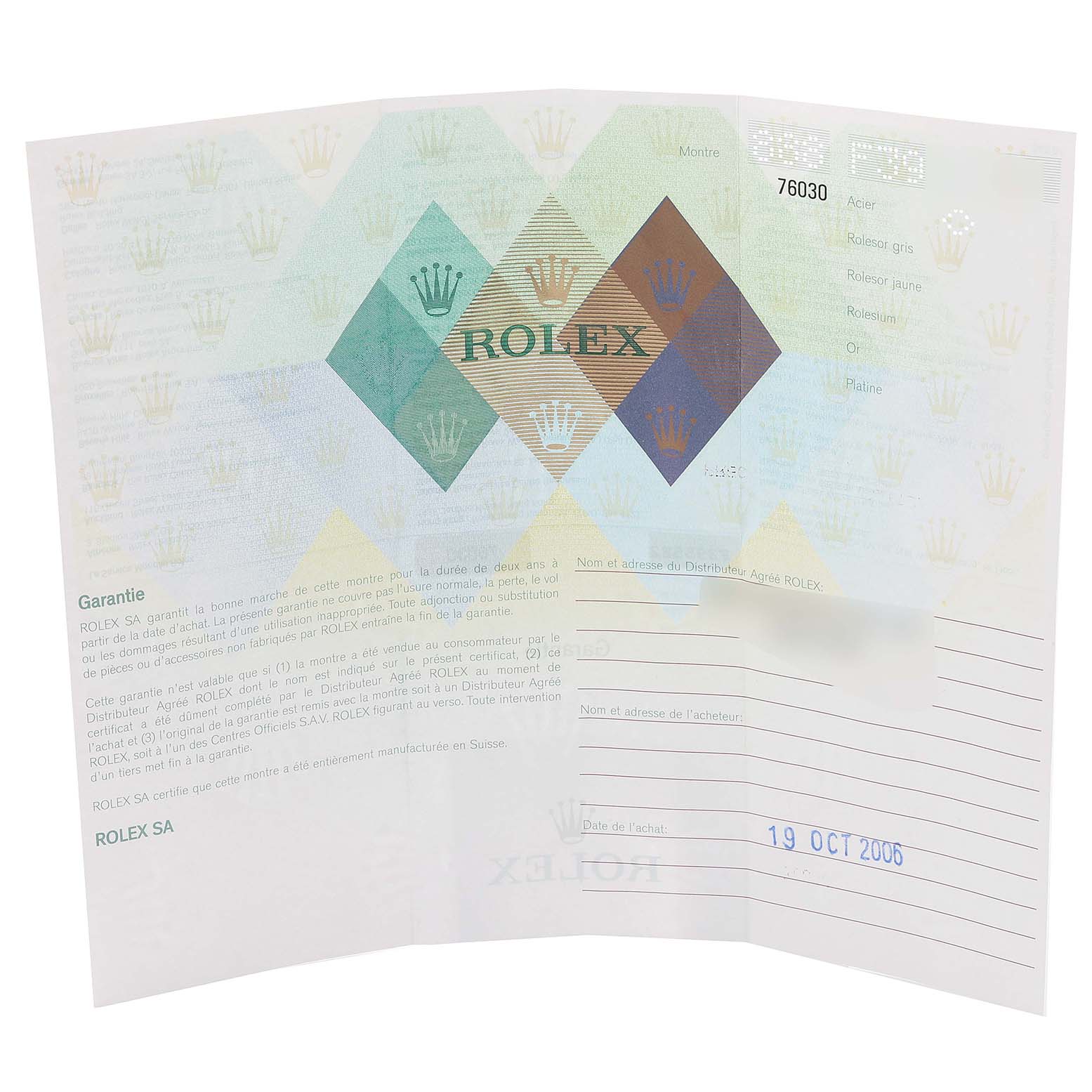 This image shows the warranty card, part of the documentation for the Rolex Oyster Perpetual 76030 Women
s Stainless Steel Blue Dial 76030 Women
s Stainless Steel Blue Dial watch model.