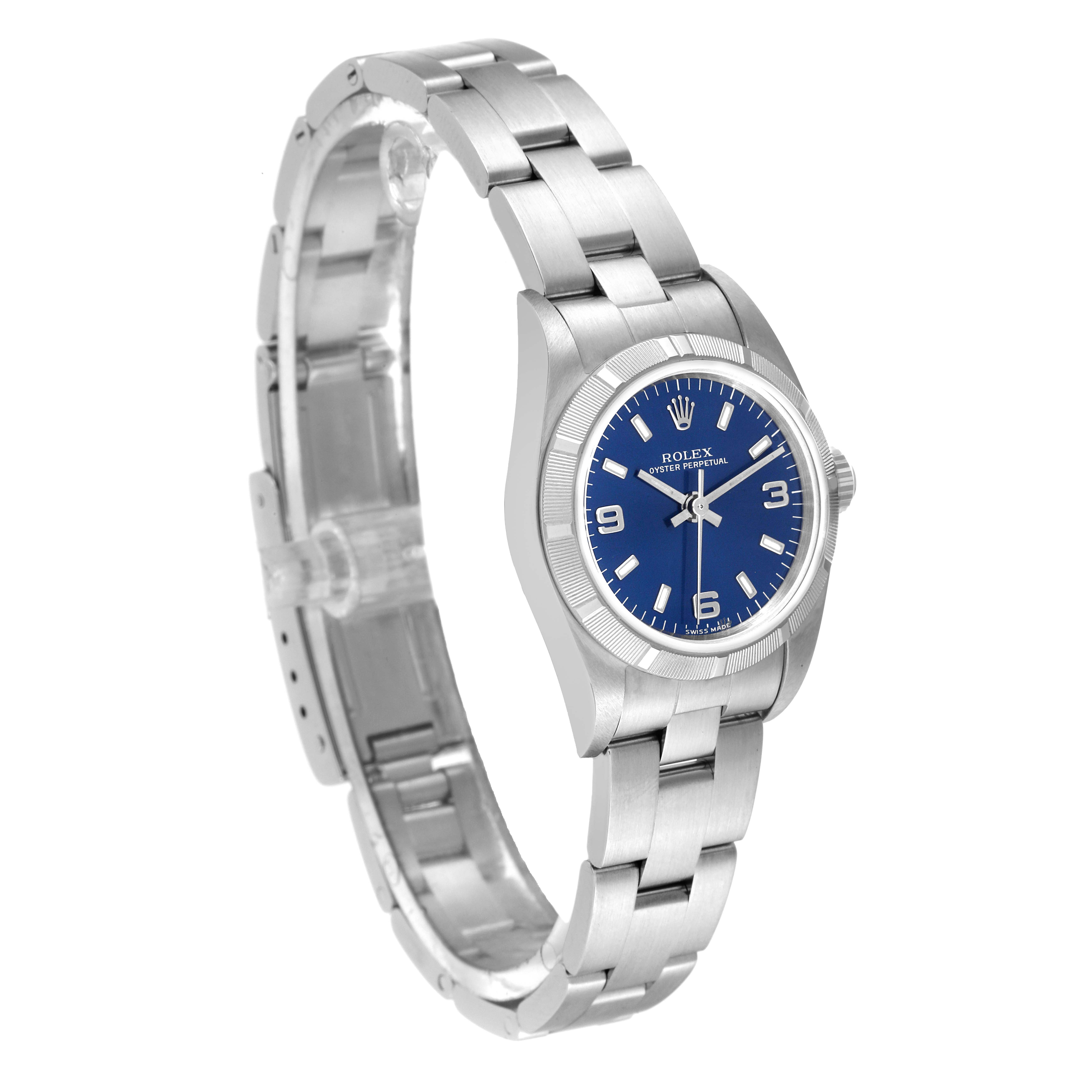 This image shows a Rolex Oyster Perpetual 76030 Women
s Stainless Steel Blue Dial 76030 Women
s Stainless Steel Blue Dial watch from a front angle, highlighting its blue dial, bezel, and stainless steel bracelet.