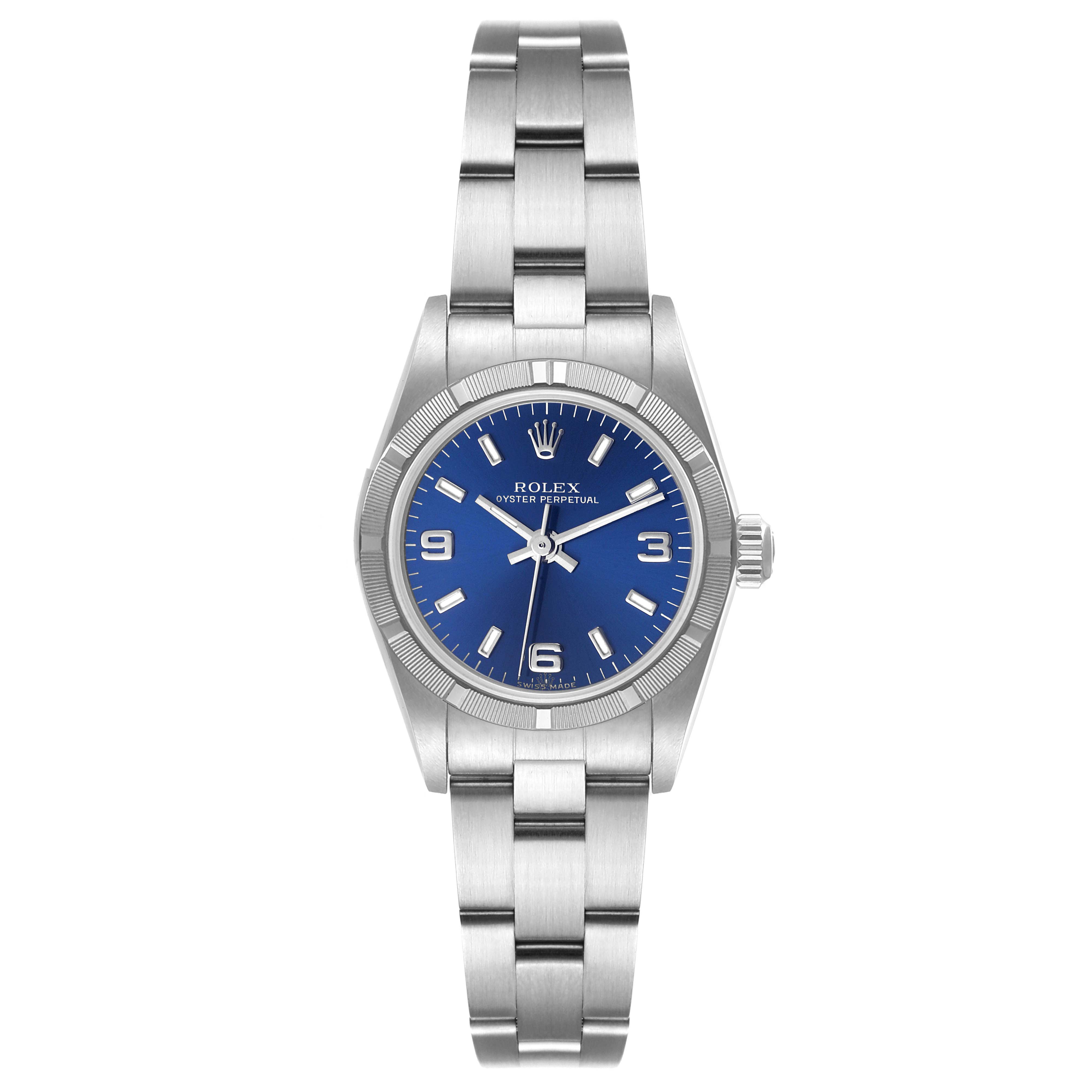 This image shows a front view of the Rolex Oyster Perpetual 76030 Women
s Stainless Steel Blue Dial 76030 Women
s Stainless Steel Blue Dial watch, highlighting its blue dial, bezel, and stainless steel bracelet.
