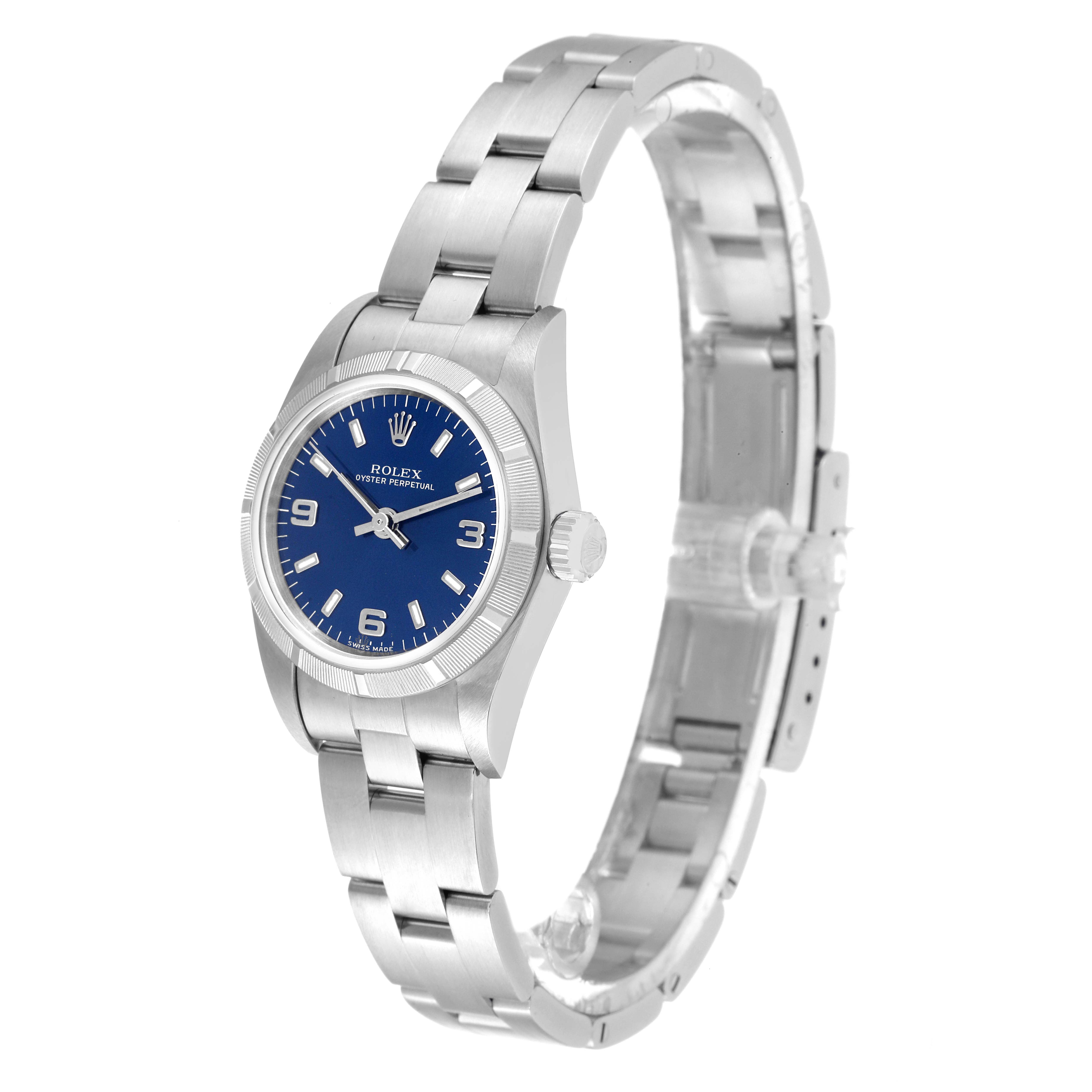 This image shows a Rolex Oyster Perpetual 76030 Women
s Stainless Steel Blue Dial 76030 Women
s Stainless Steel Blue Dial watch at a slight angle, highlighting its blue dial, bezel, and stainless steel bracelet.