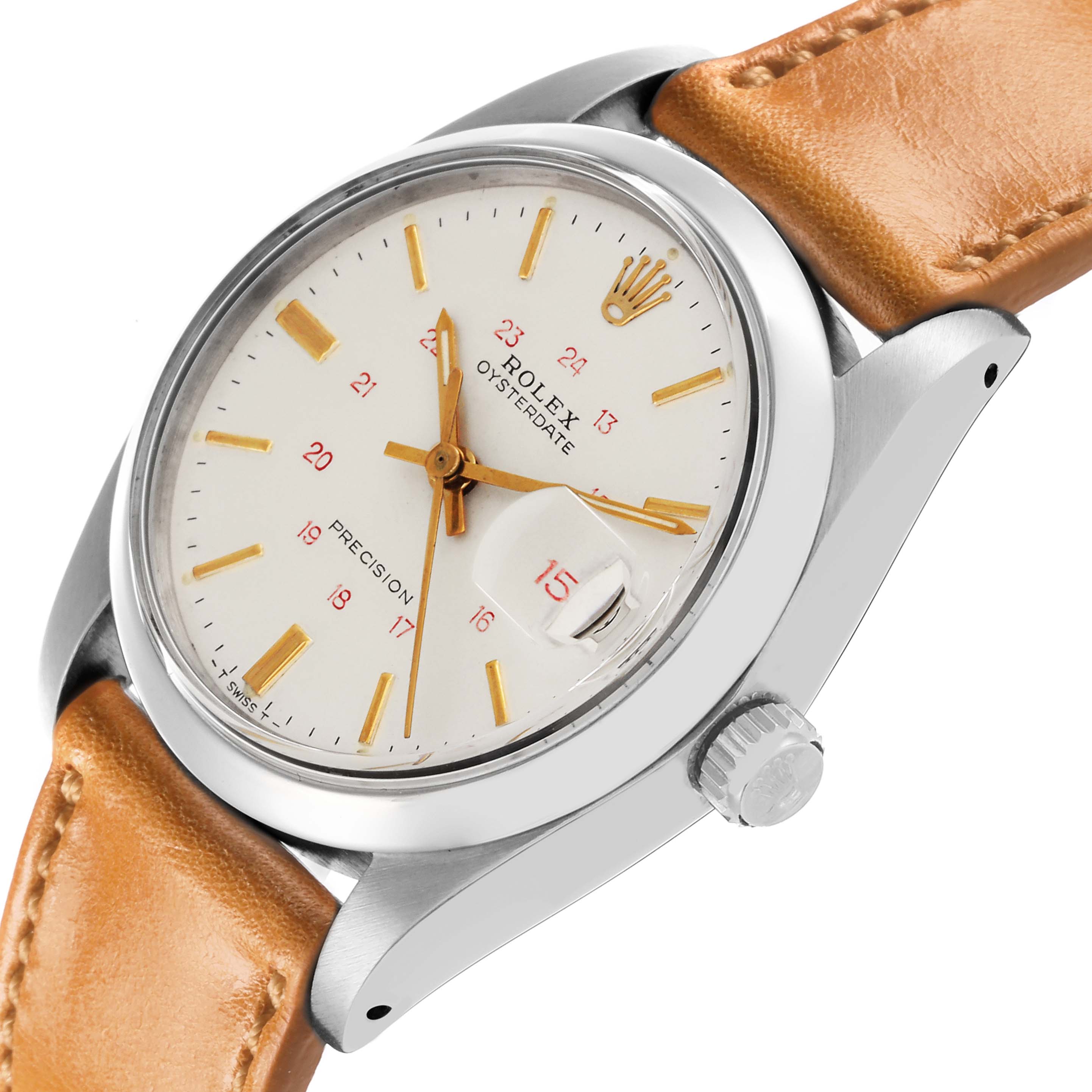 The Rolex Vintage Collection 6694 Men's Stainless Steel Silver Dial 6694 Men's Stainless Steel Silver Dial watch is shown at a slight angle, highlighting the face, crown, and tan leather strap.
