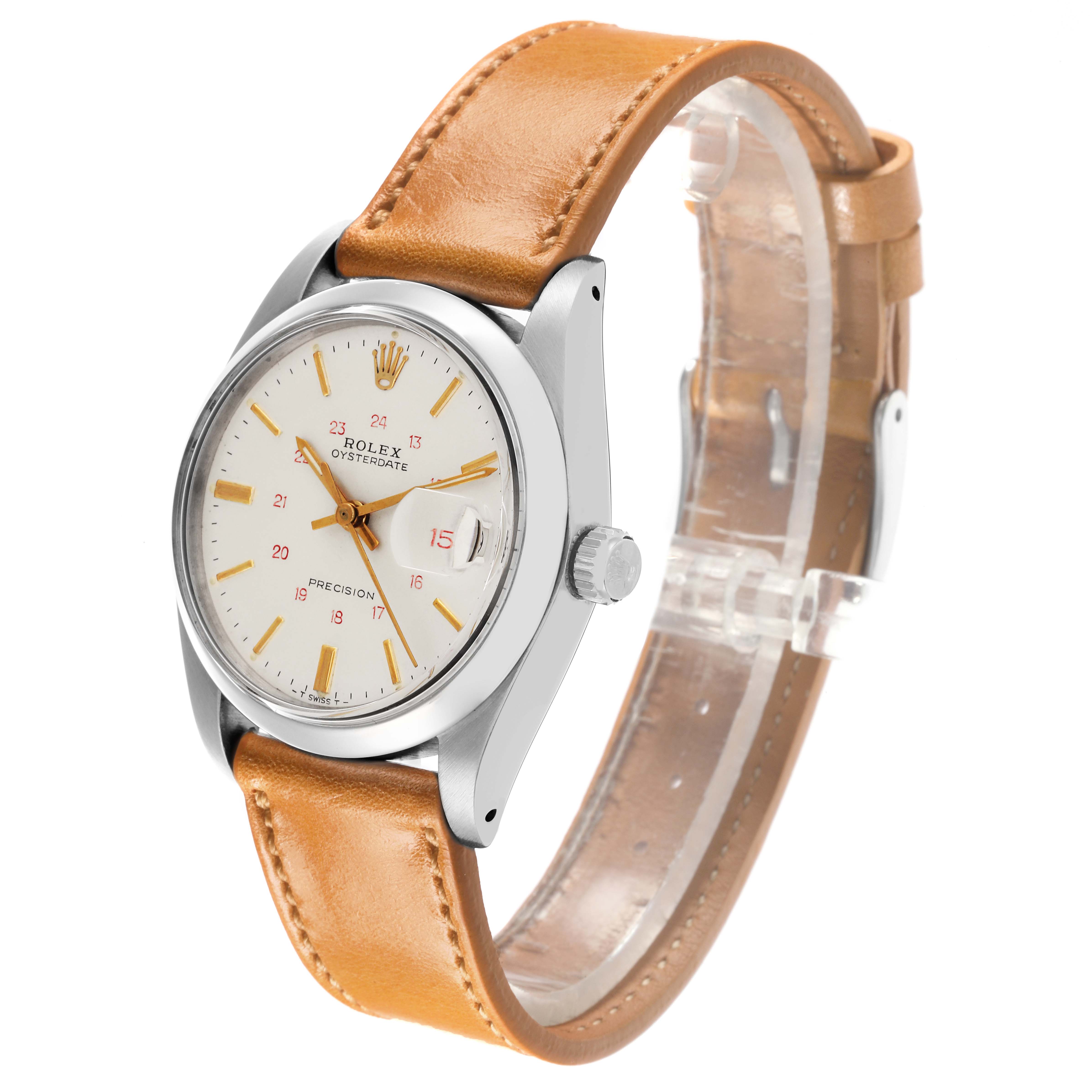 The Rolex Vintage Collection 6694 Men's Stainless Steel Silver Dial 6694 Men's Stainless Steel Silver Dial watch is shown at a side angle, featuring the dial, case, crown, and brown leather strap.