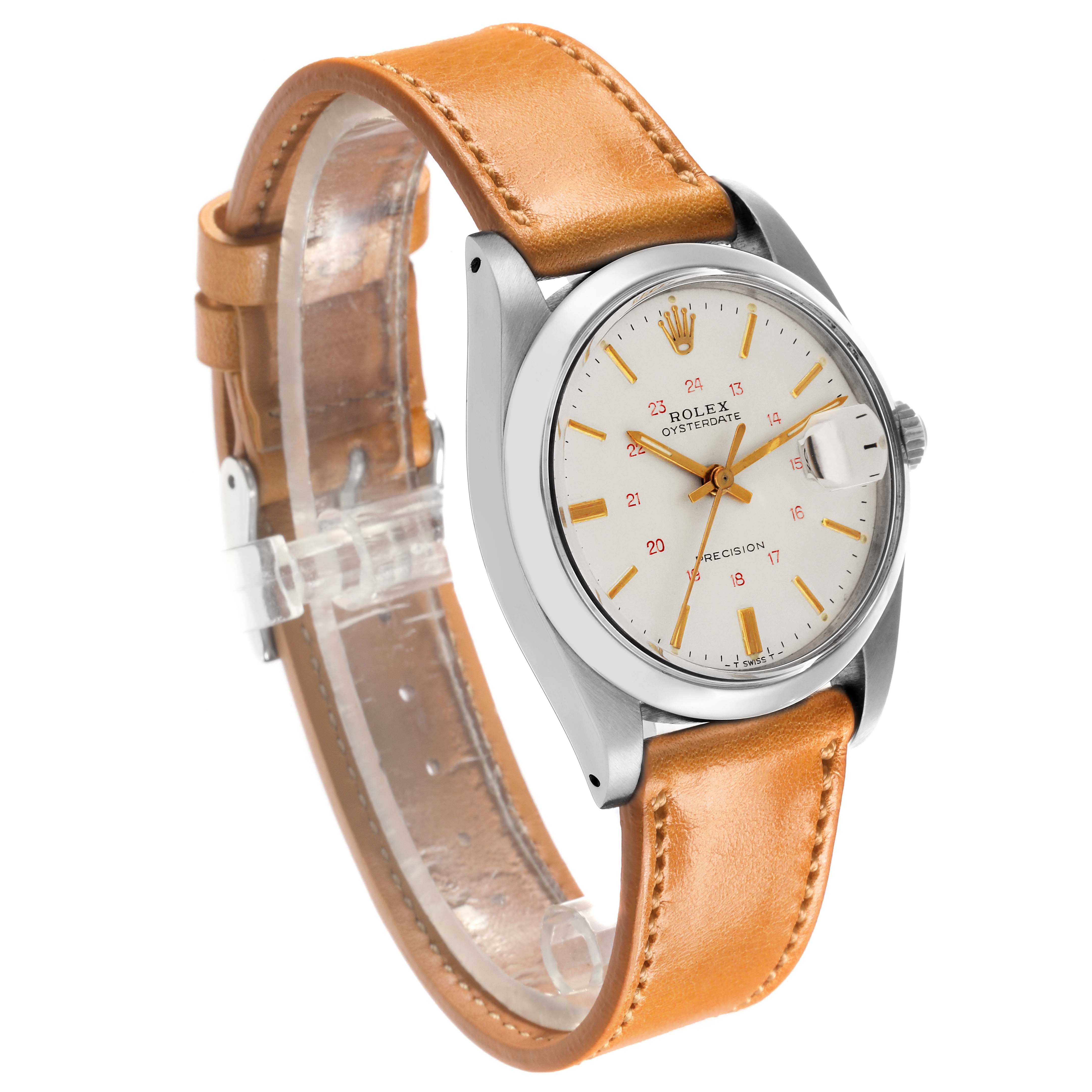 The Rolex Vintage Collection 6694 Men's Stainless Steel Silver Dial 6694 Men's Stainless Steel Silver Dial watch is shown at an angled view, displaying the dial, bezel, crown, and leather strap.