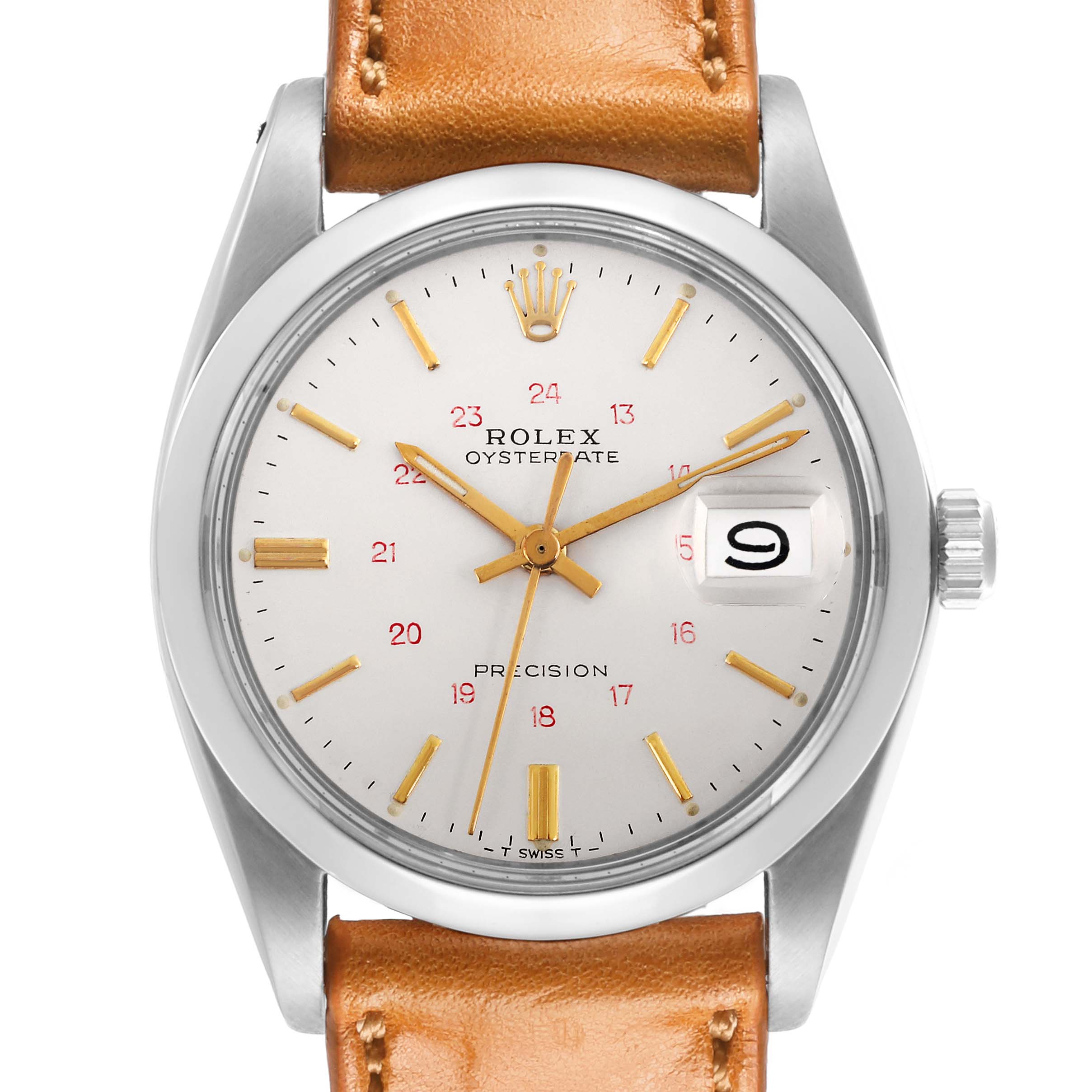 The Rolex Vintage Collection 6694 Men's Stainless Steel Silver Dial 6694 Men's Stainless Steel Silver Dial watch is shown from the front, highlighting the face, crown, and leather strap.