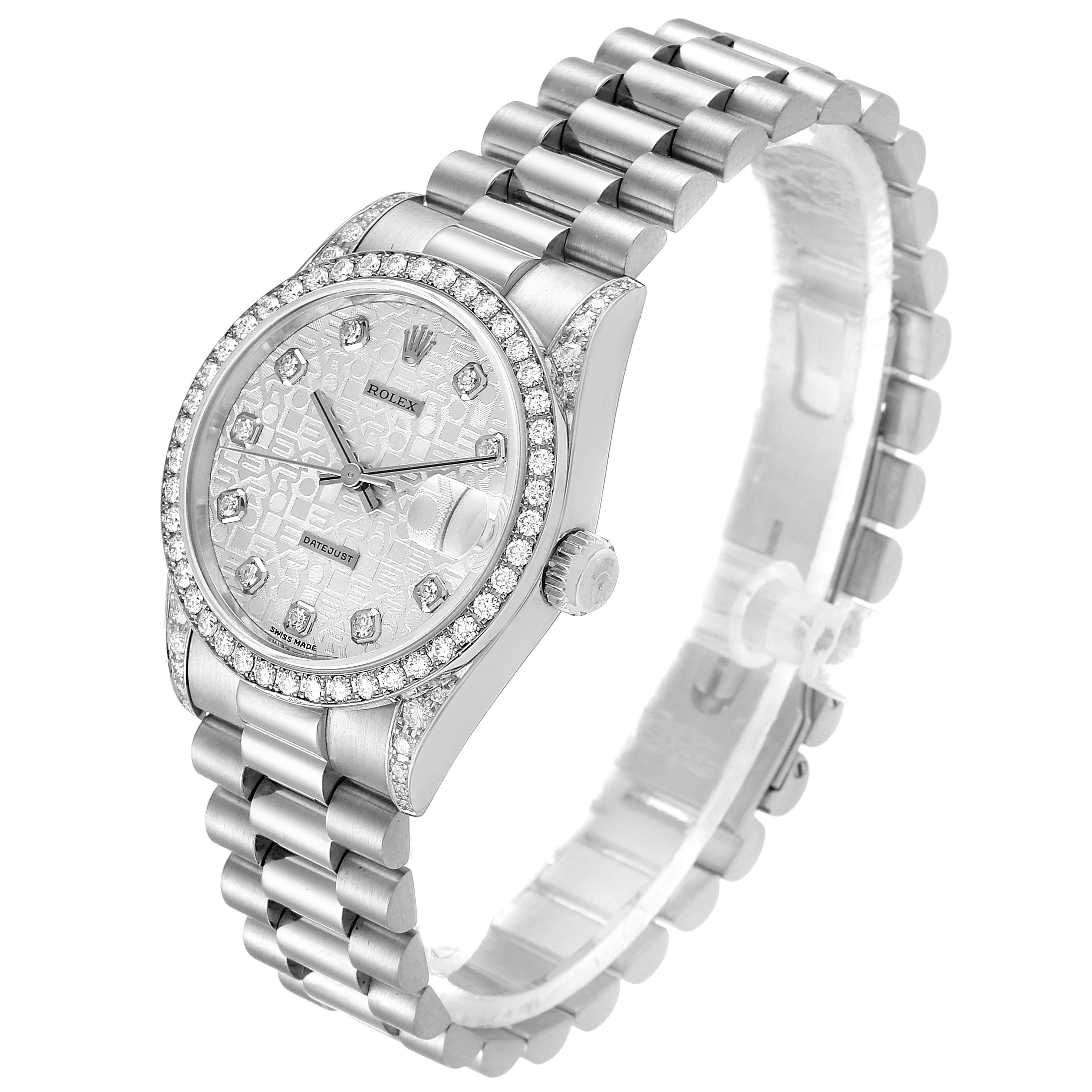 The image shows a Rolex President 68159 Women's White Gold Silver Dial 68159 Women's White Gold Silver Dial model watch from an angled top view, highlighting its face, bezel, and bracelet.