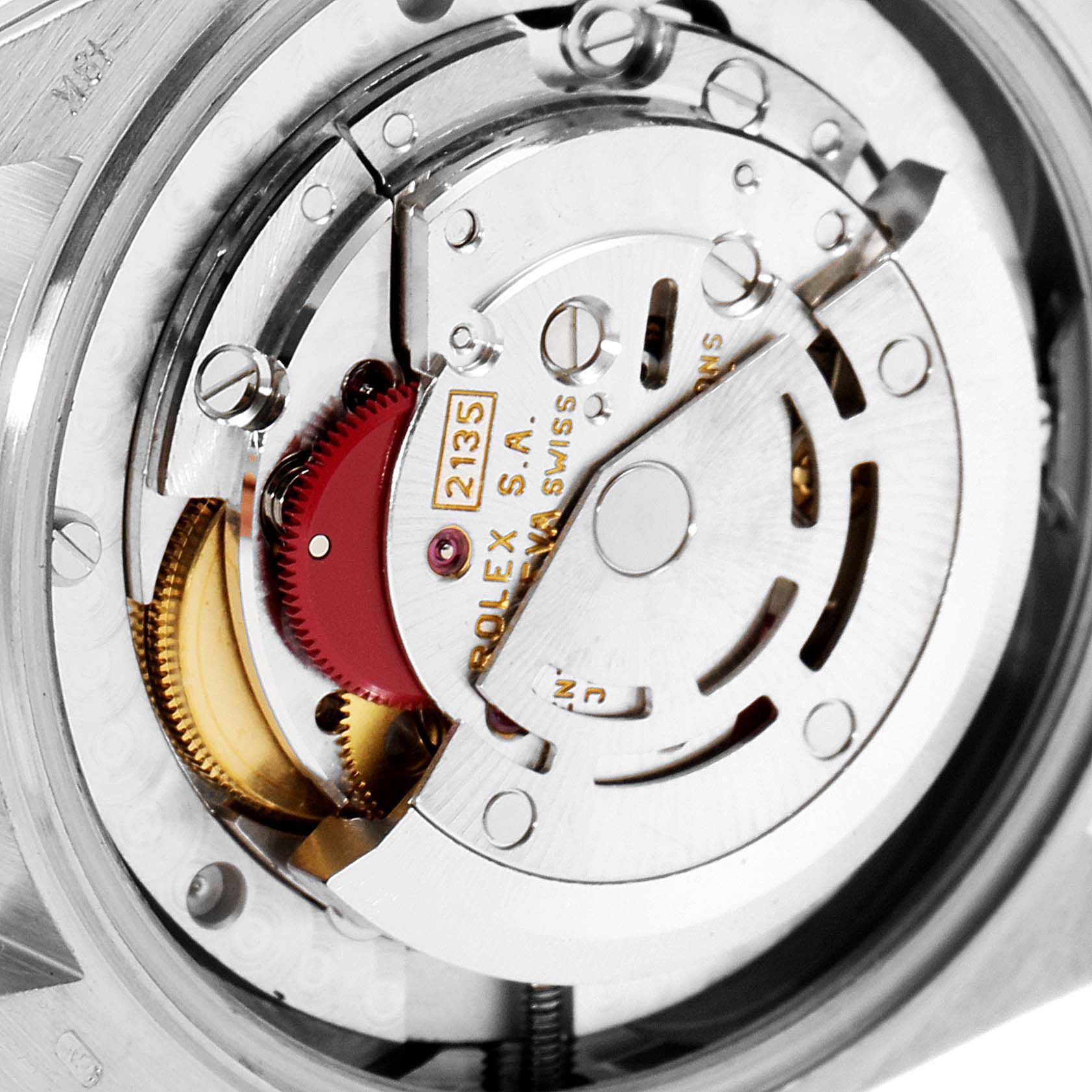 This image shows the internal movement mechanism of a Rolex President 68159 Women's White Gold Silver Dial 68159 Women's White Gold Silver Dial model watch, focusing on its intricate gears and components.
