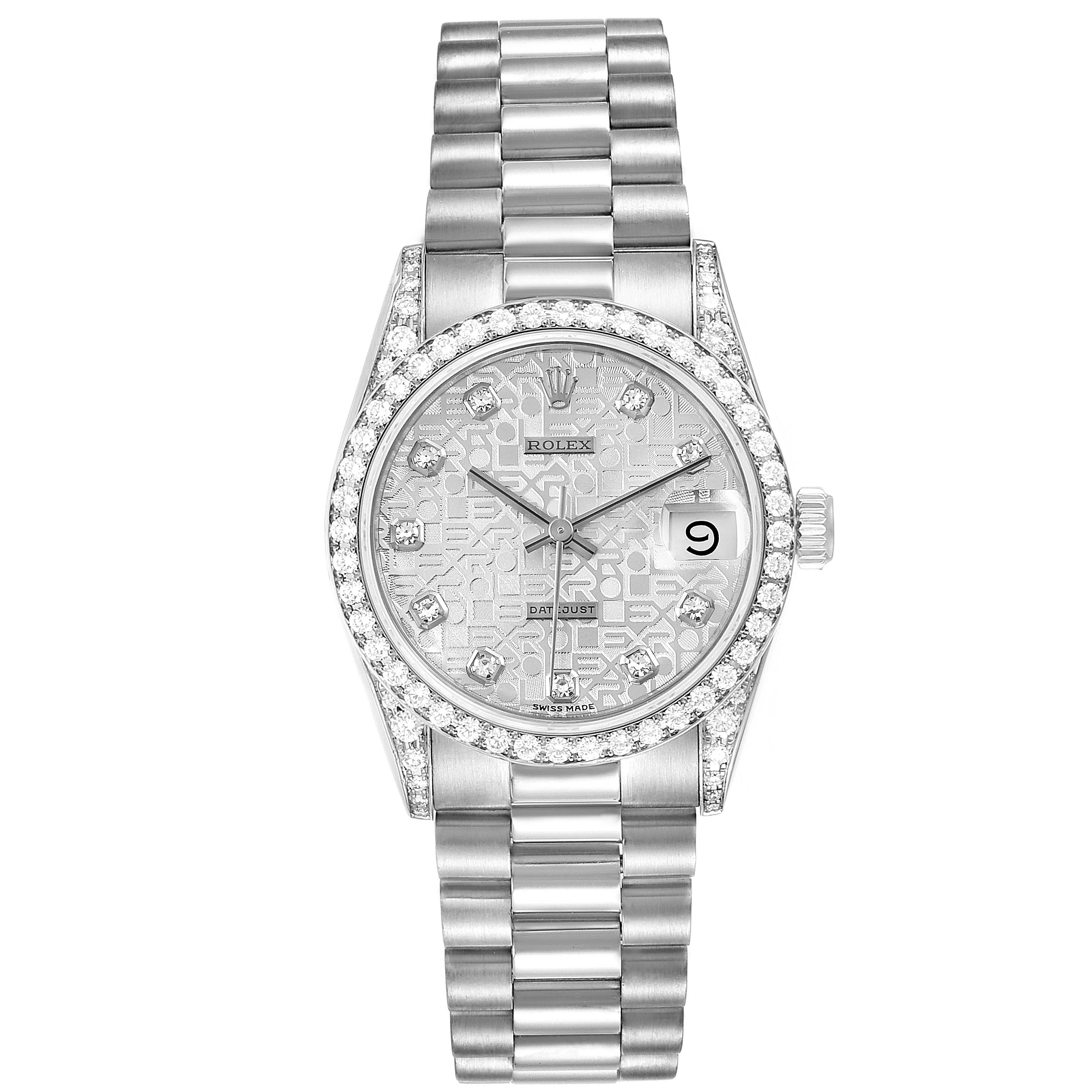 The image shows a frontal view of a Rolex President 68159 Women's White Gold Silver Dial 68159 Women's White Gold Silver Dial model watch, highlighting its face, bezel, crown, and bracelet.