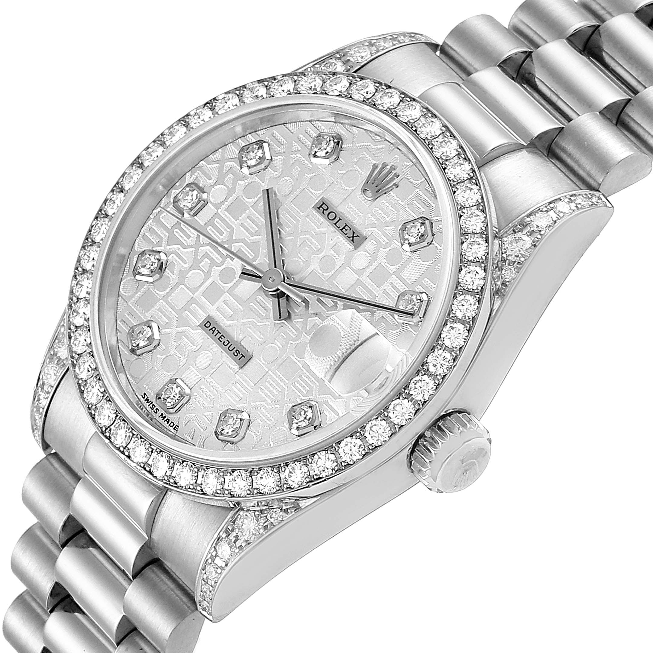 The image shows a Rolex President 68159 Women's White Gold Silver Dial 68159 Women's White Gold Silver Dial watch at an angled view highlighting the face, bezel, crown, and part of the bracelet.