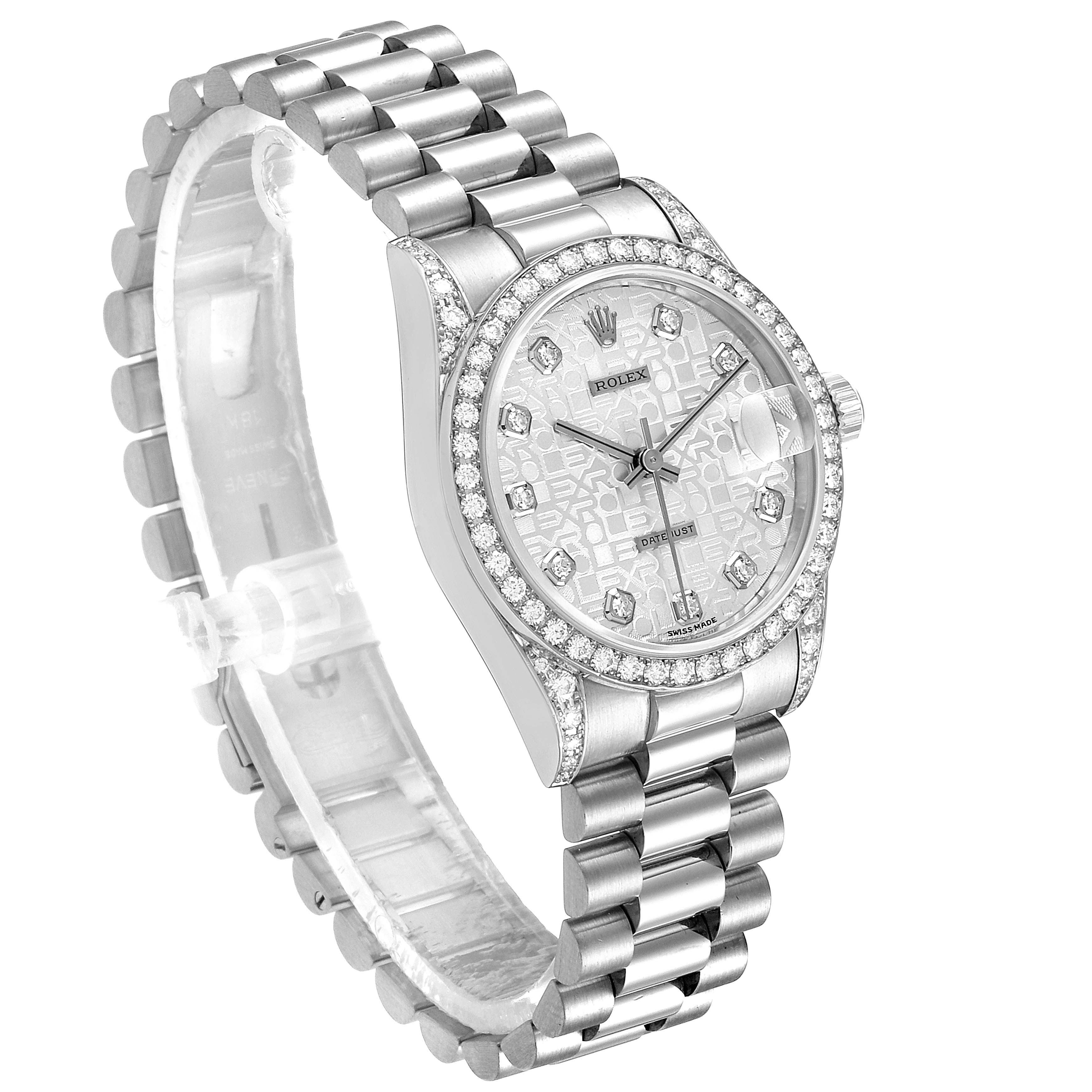 This image shows a Rolex President 68159 Women's White Gold Silver Dial 68159 Women's White Gold Silver Dial model watch at a slight angle, highlighting the bracelet, bezel, and dial.