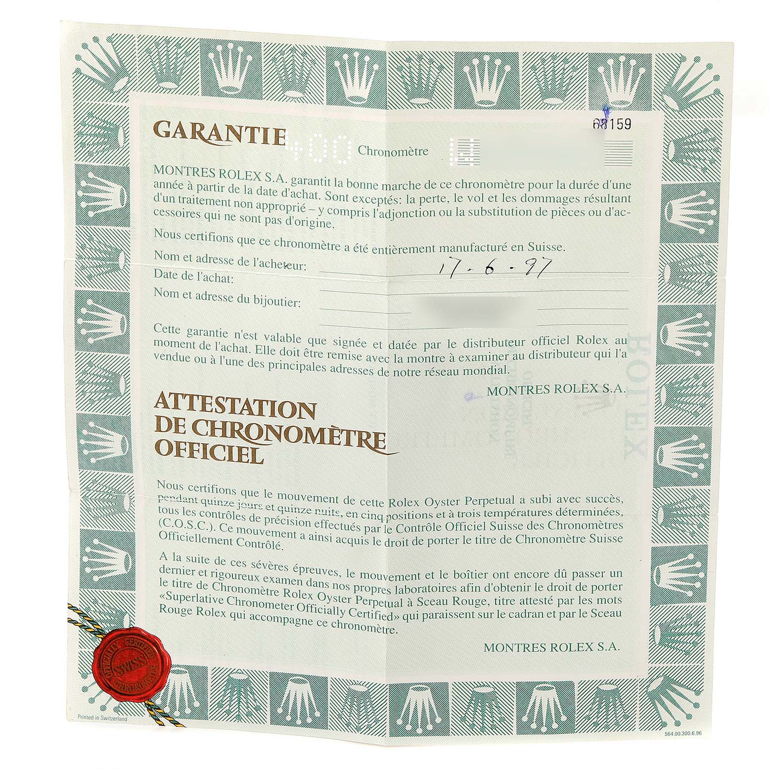 The image shows the warranty card for the President model by Rolex, featuring detailed text and a red seal.