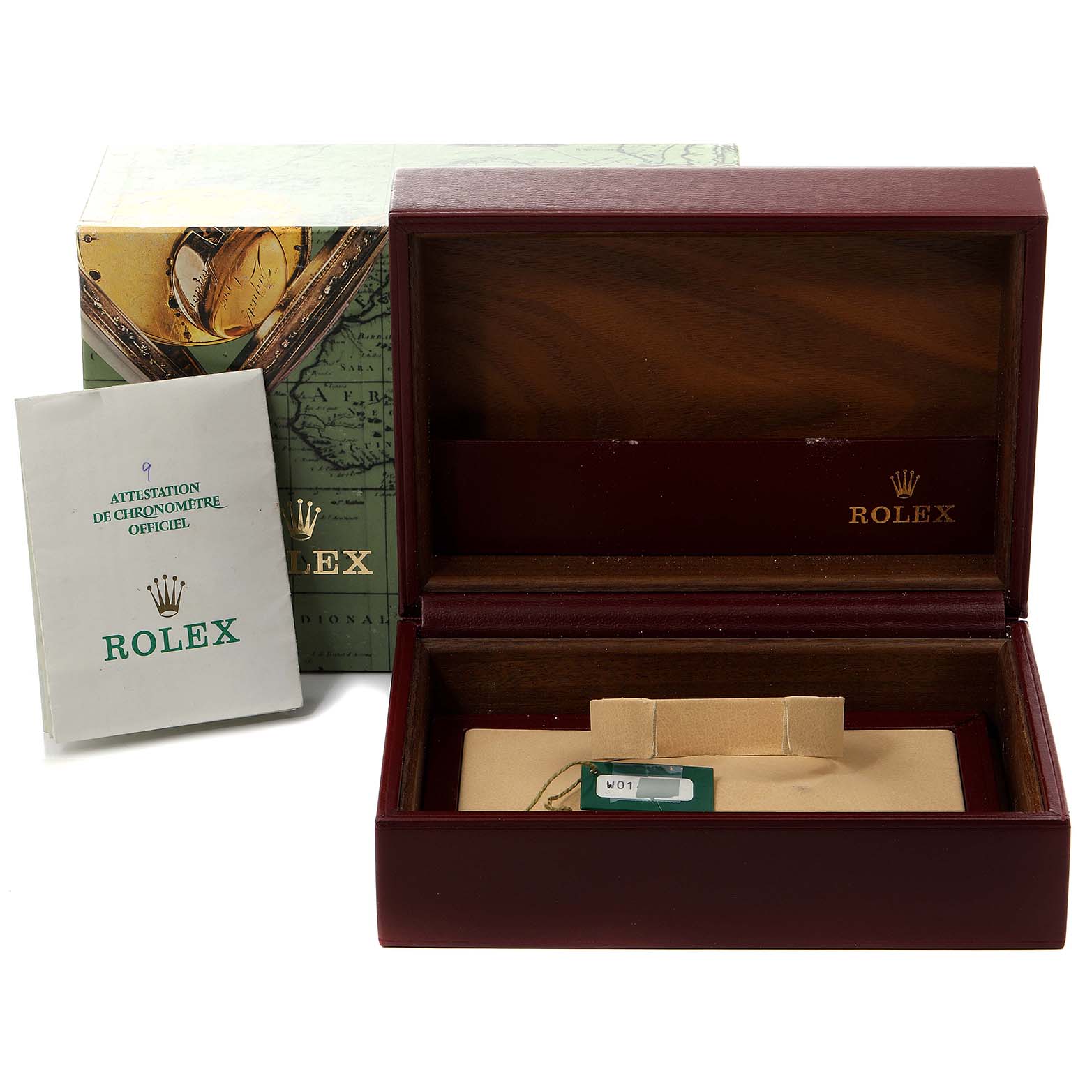 The image shows the packaging with the box and documentation for a Rolex President 68159 Women's White Gold Silver Dial 68159 Women's White Gold Silver Dial model watch.