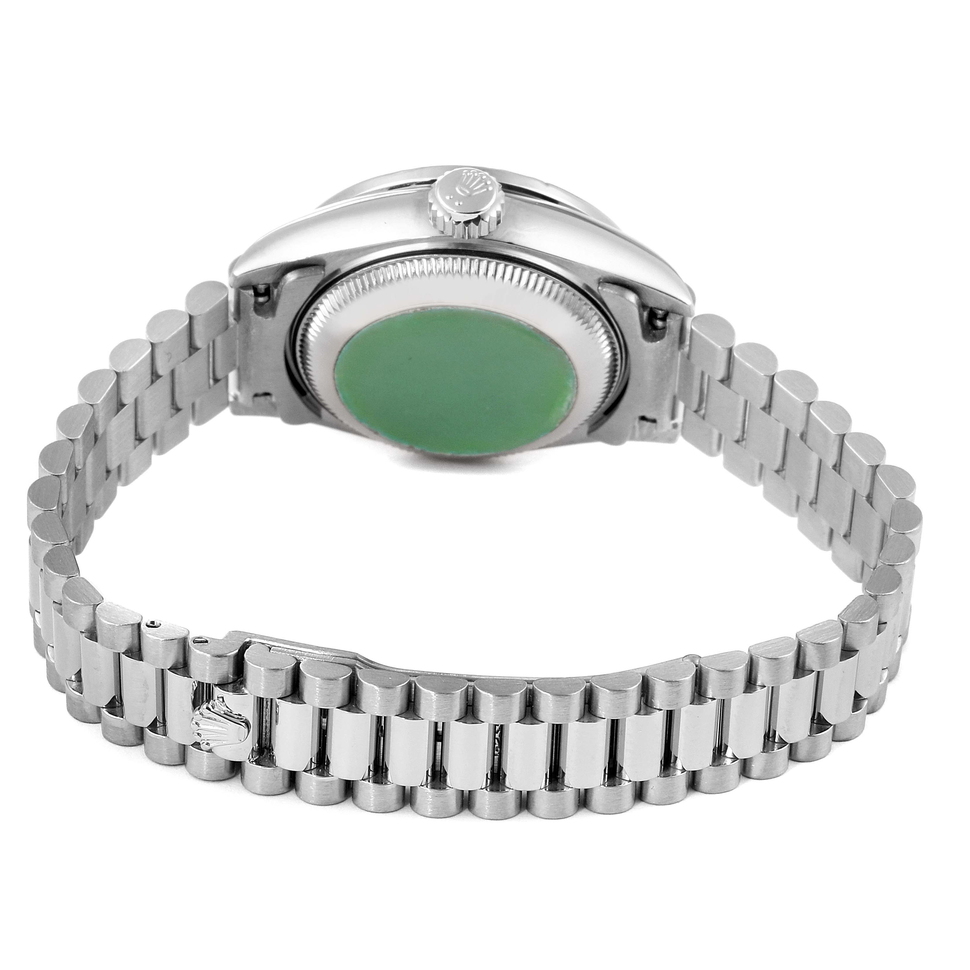 This image shows the back and bracelet of a Rolex President 69159 Women's White Gold Silver Dial 69159 Women's White Gold Silver Dial model watch, highlighting the case back and the distinctive bracelet style.