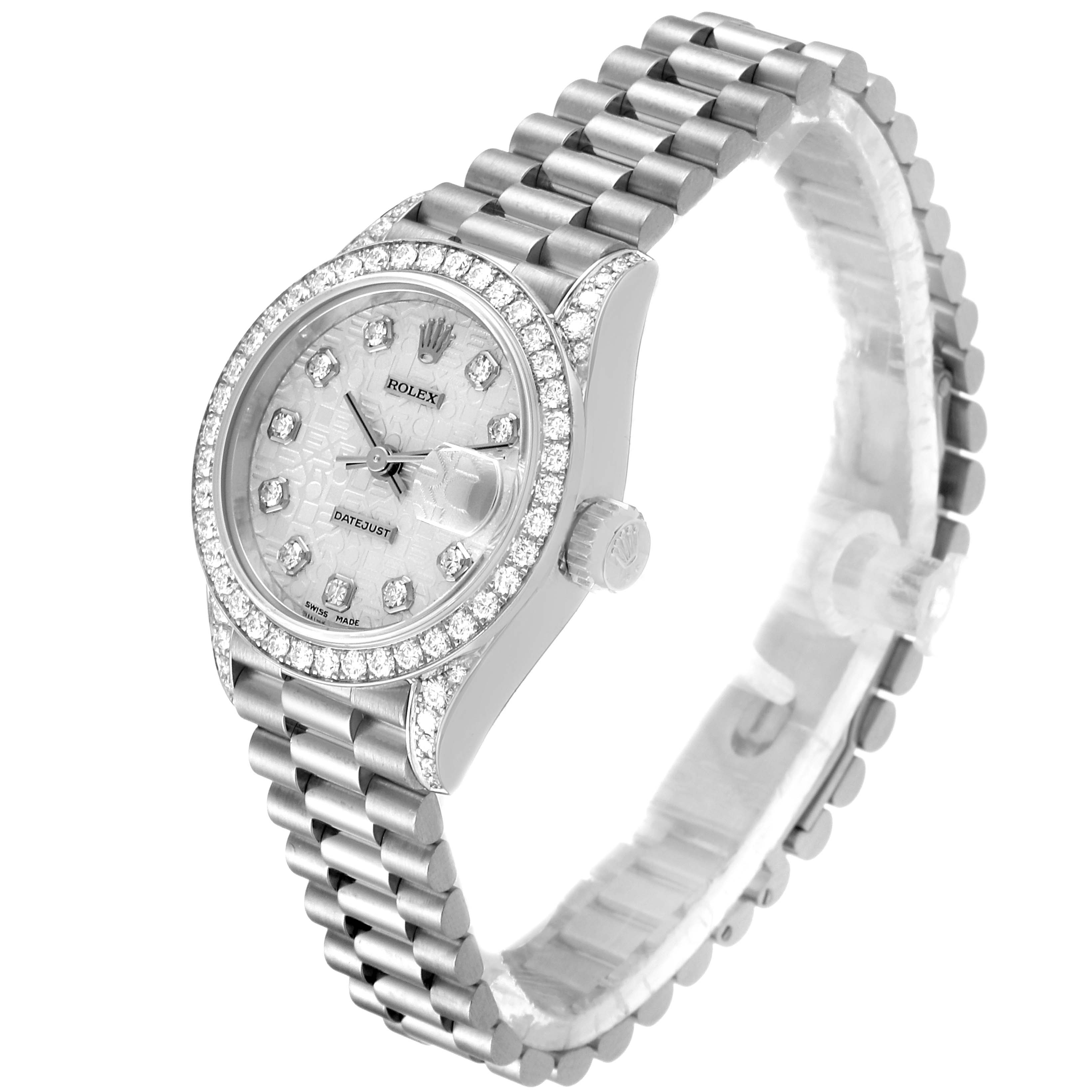 The image shows a Rolex President 69159 Women's White Gold Silver Dial 69159 Women's White Gold Silver Dial model watch angled from the front-left, displaying the face, bezel, crown, and bracelet.