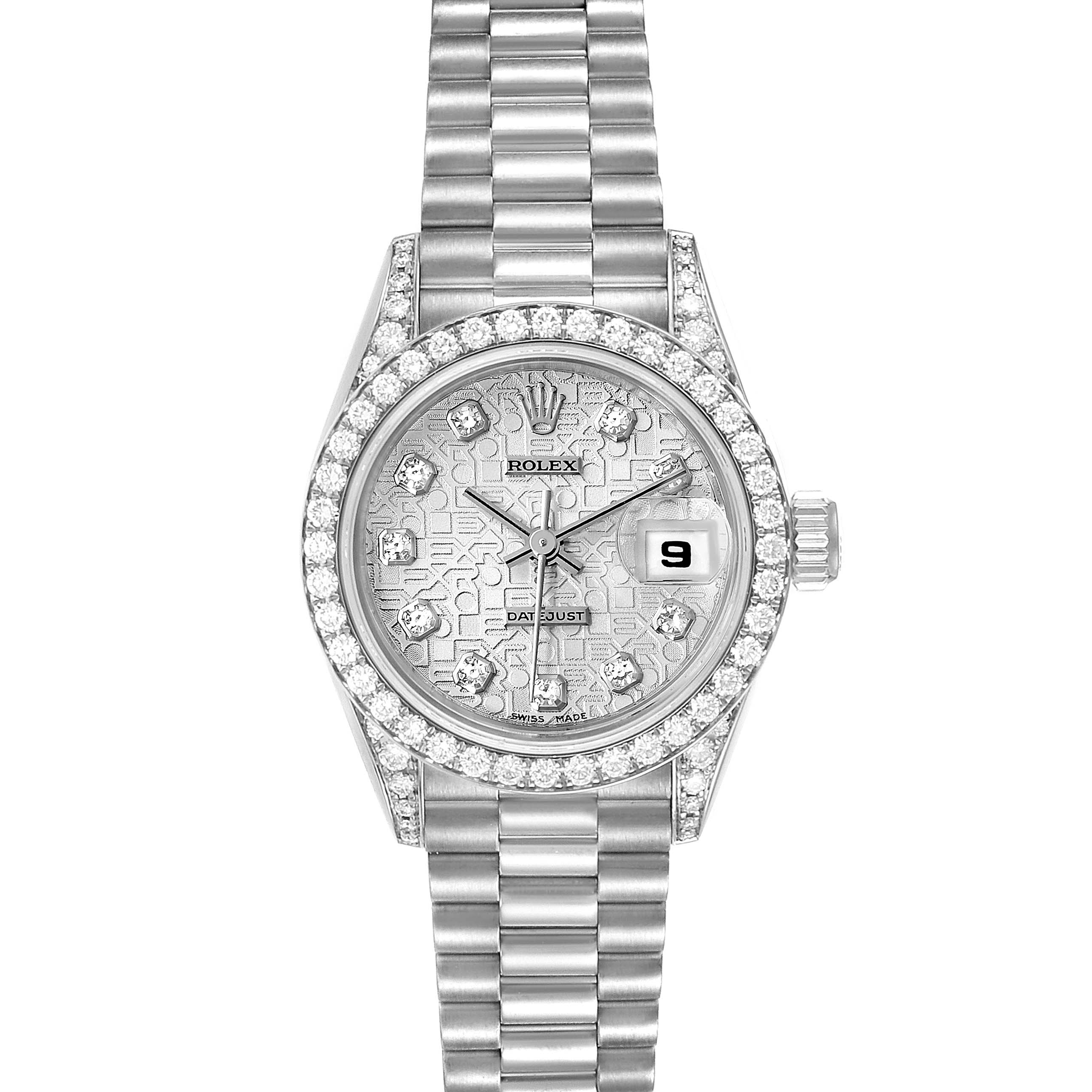 The image shows a Rolex President 69159 Women's White Gold Silver Dial 69159 Women's White Gold Silver Dial model watch from a front view, highlighting the dial, bezel, and bracelet.