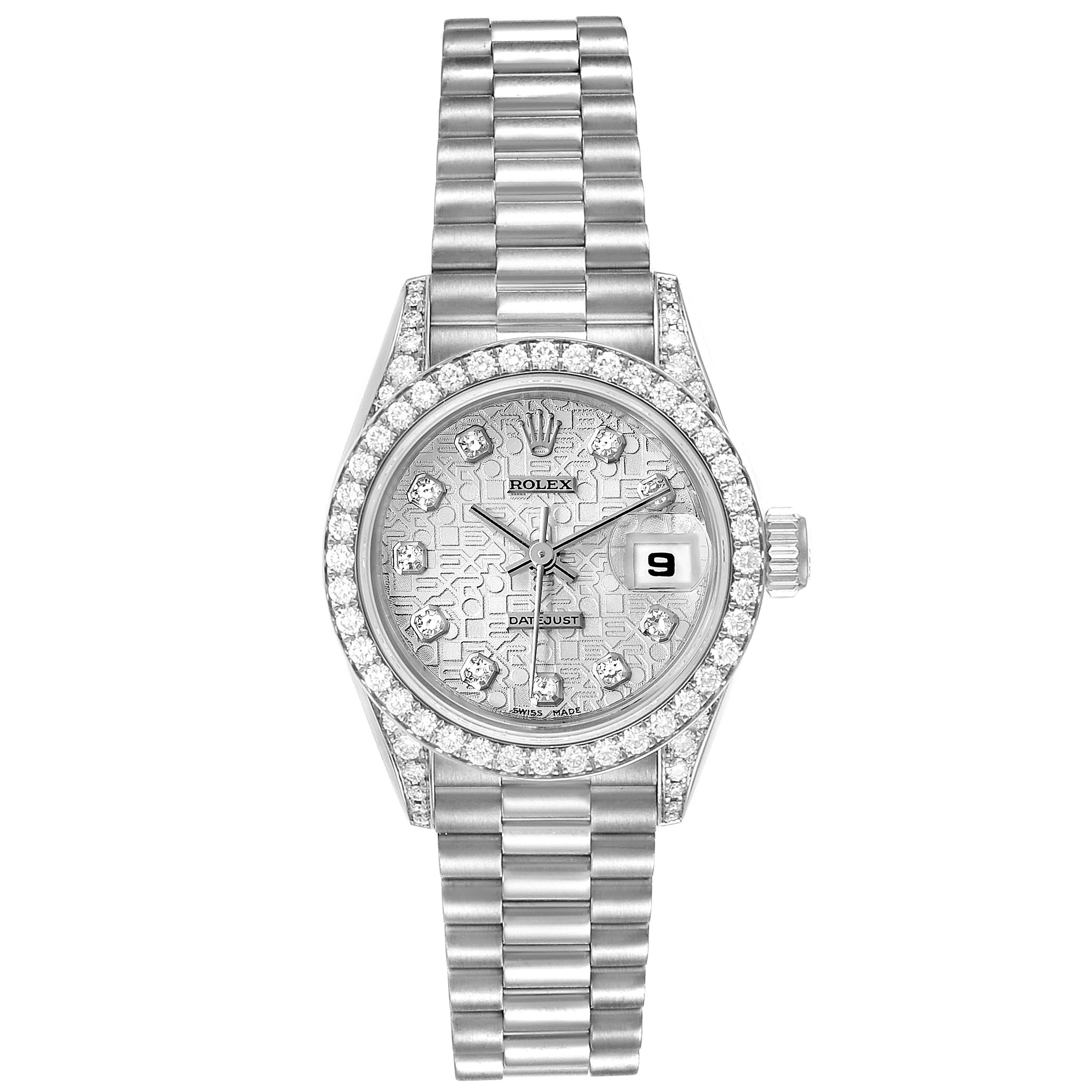 This image shows a Rolex President 69159 Women's White Gold Silver Dial 69159 Women's White Gold Silver Dial model watch from a top-down view, highlighting its face, bezel, crown, and bracelet.