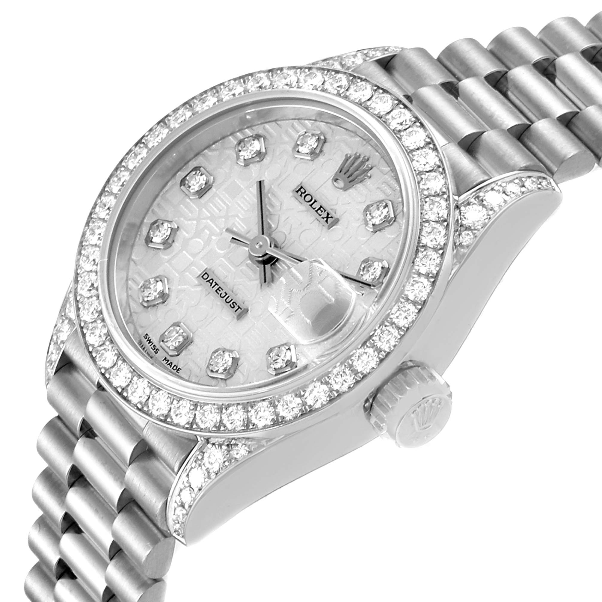 The Rolex President 69159 Women's White Gold Silver Dial 69159 Women's White Gold Silver Dial model watch is shown at an angle, highlighting the face, crown, and bracelet.