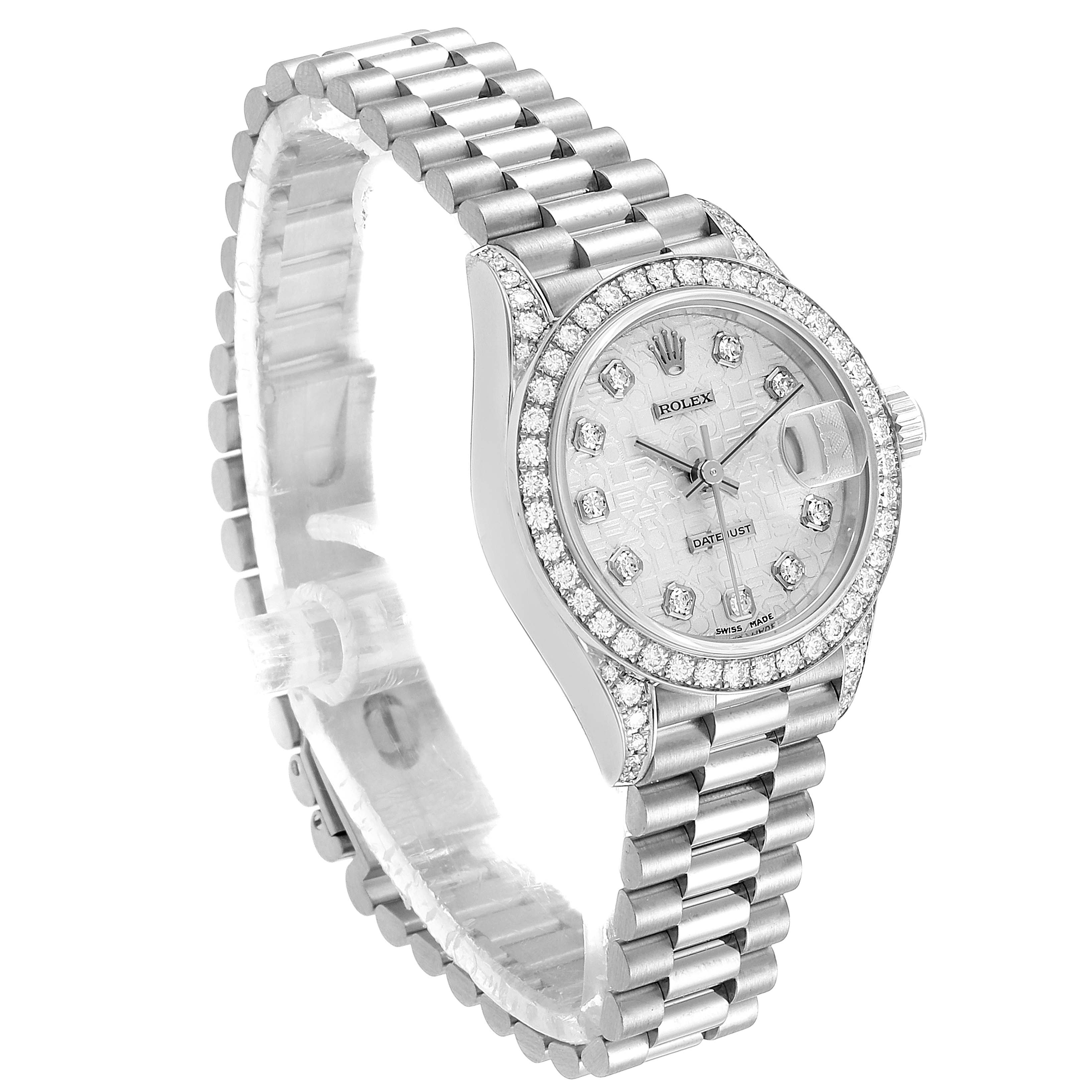 This image shows a Rolex President 69159 Women's White Gold Silver Dial 69159 Women's White Gold Silver Dial model watch from a front side angle, displaying the dial, bezel, and bracelet.