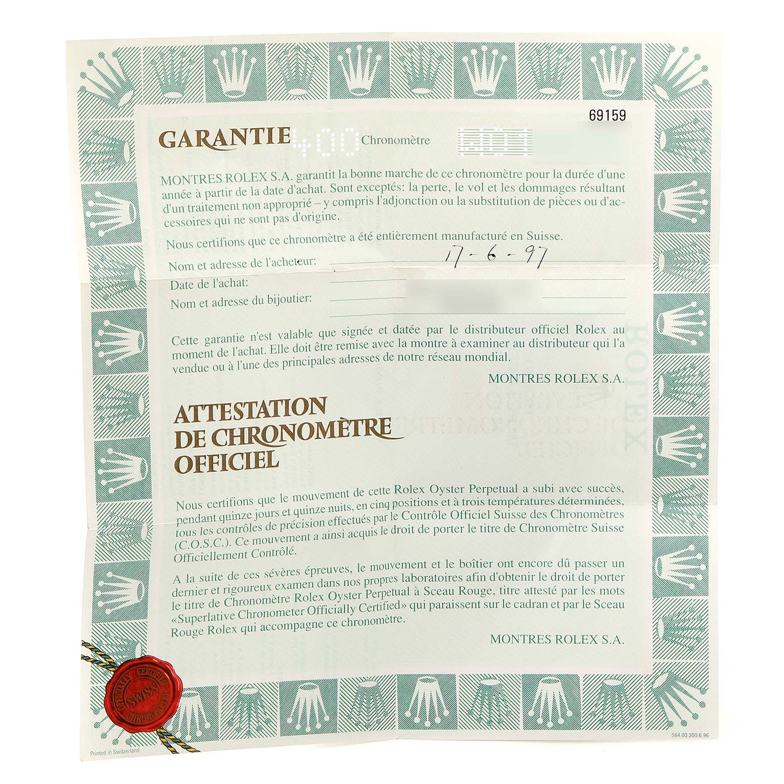 The image shows the warranty card and official chronometer certification for the Rolex President 69159 Women's White Gold Silver Dial 69159 Women's White Gold Silver Dial model watch.