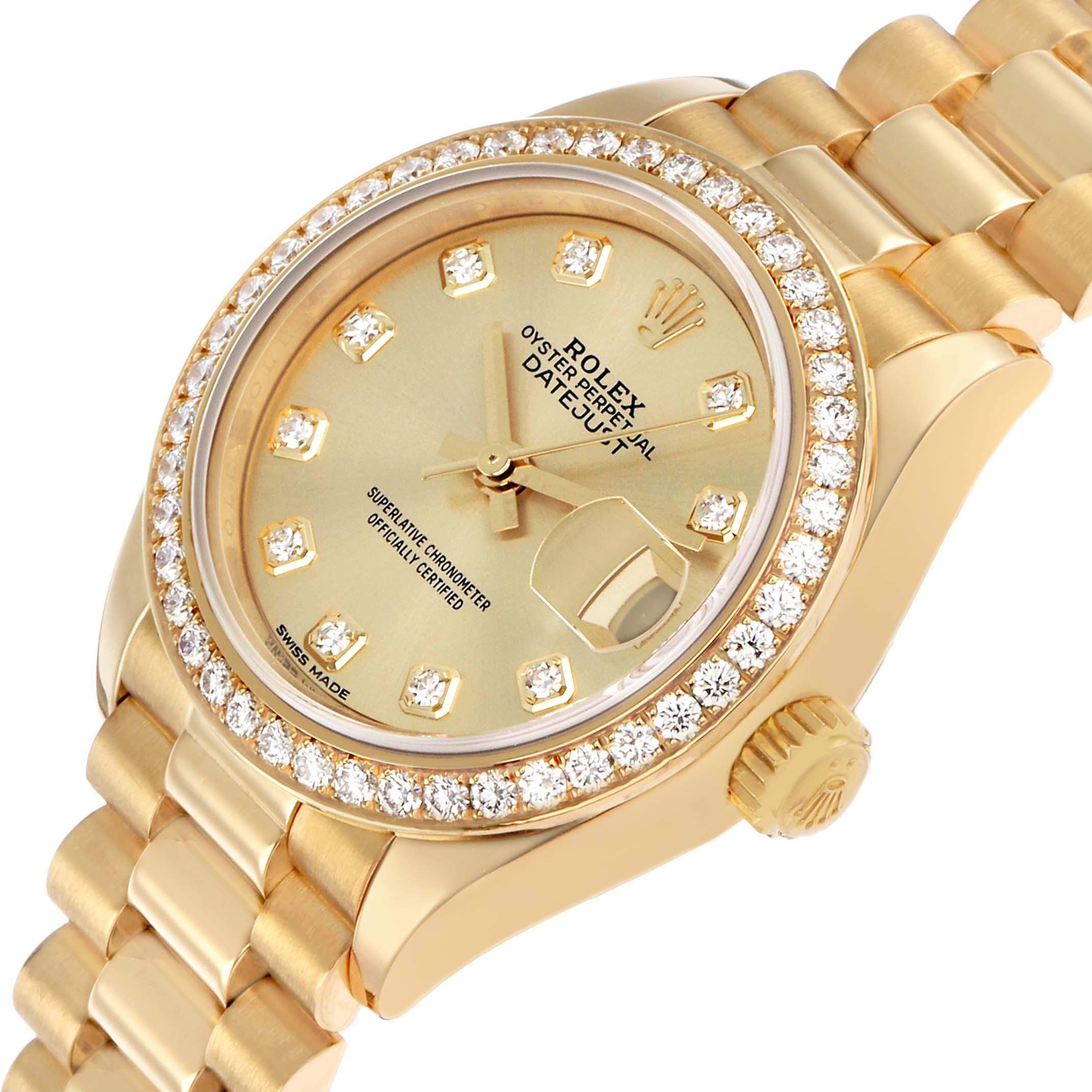 The Rolex President 279138 Women's Yellow Gold Champagne Dial model is shown at an angled view, highlighting the face, diamond bezel, crown, and bracelet.