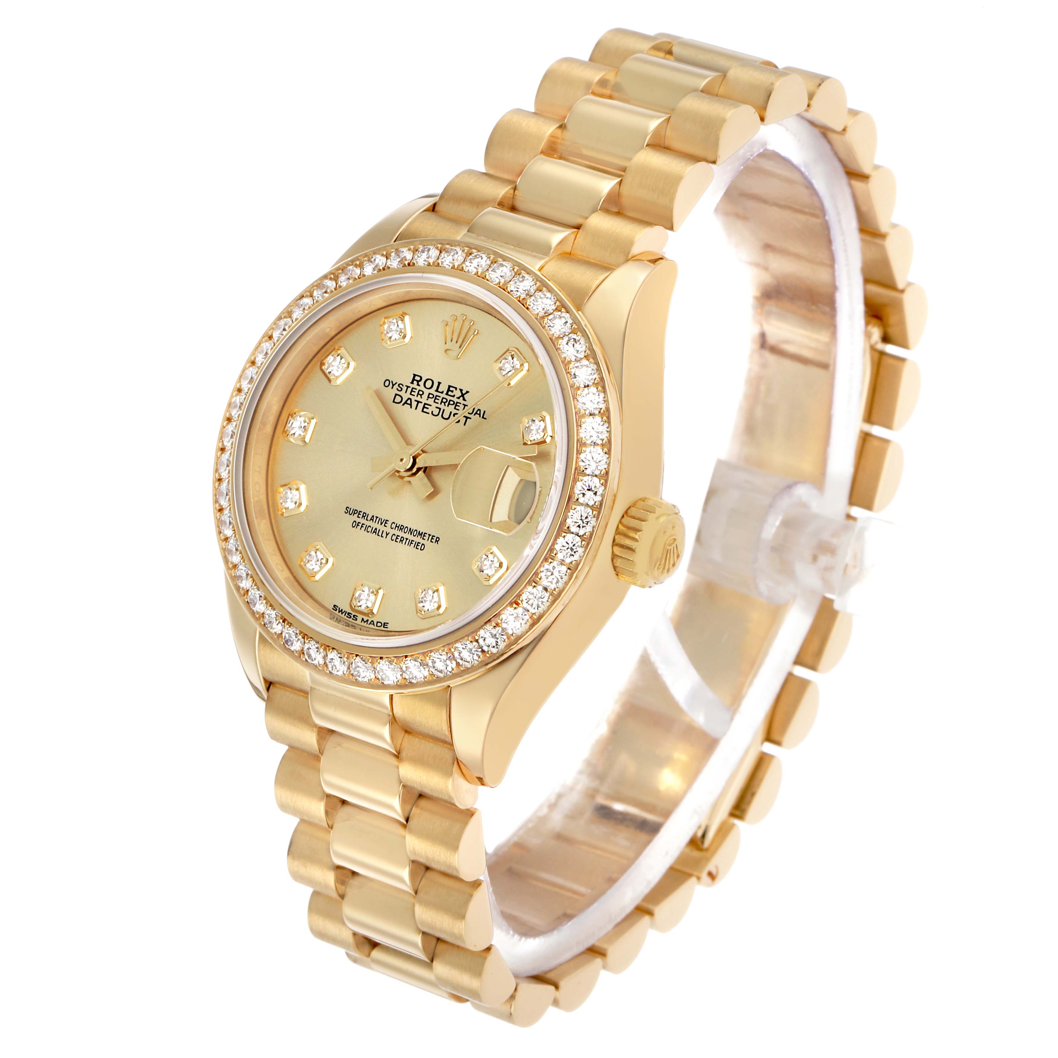 The Rolex President 279138 Women's Yellow Gold Champagne Dial model is shown from a three-quarters angle, highlighting the diamond bezel, dial, and bracelet.