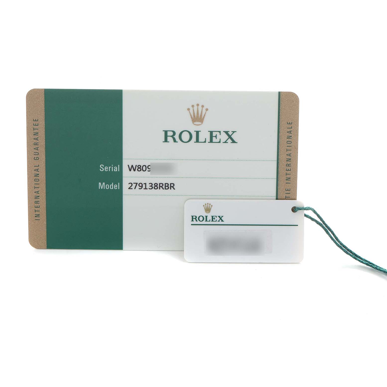 The image shows the guarantee card and a hang tag for the Rolex President 279138 Women's Yellow Gold Champagne Dial model.
