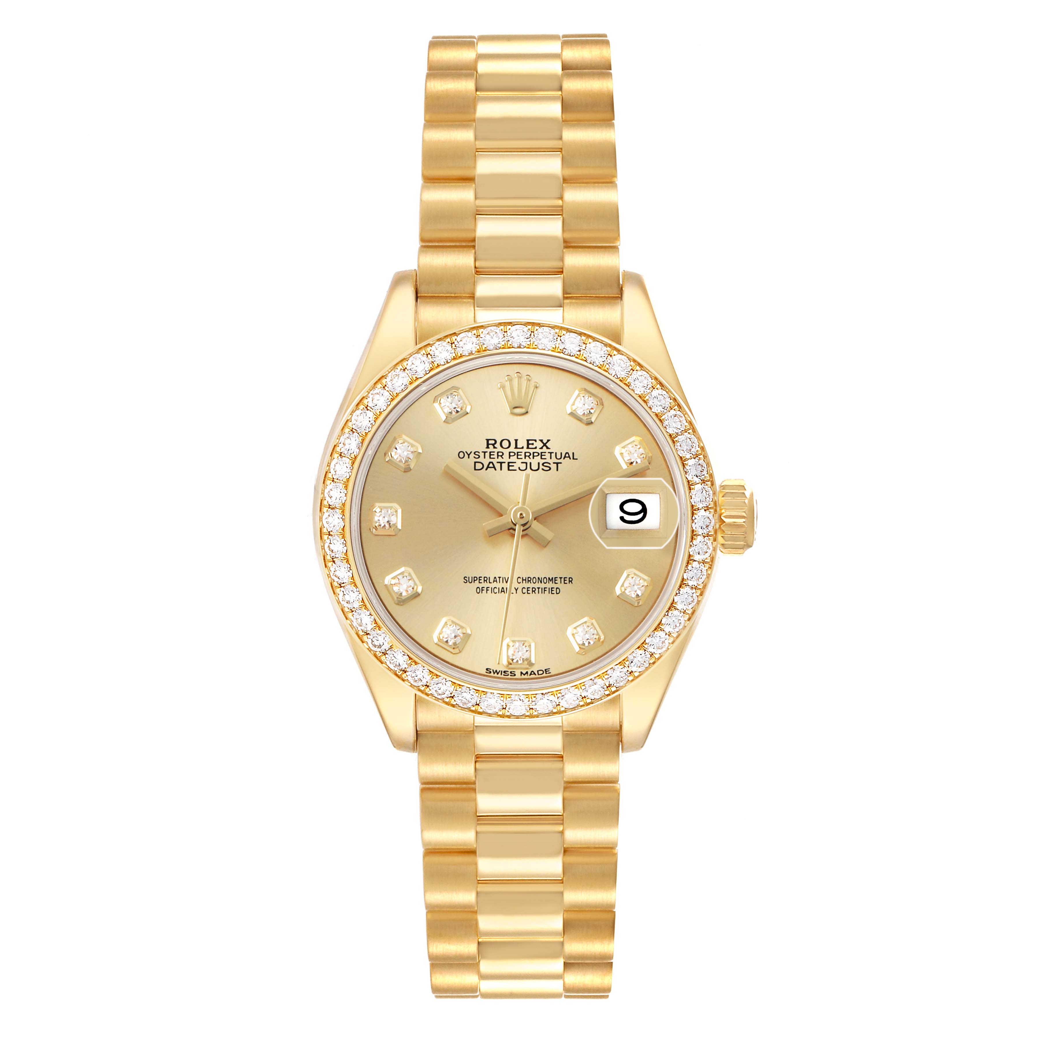 The Rolex President 279138 Women's Yellow Gold Champagne Dial model watch is shown from a top-down angle, displaying its gold bracelet, bezel, dial, and date feature.