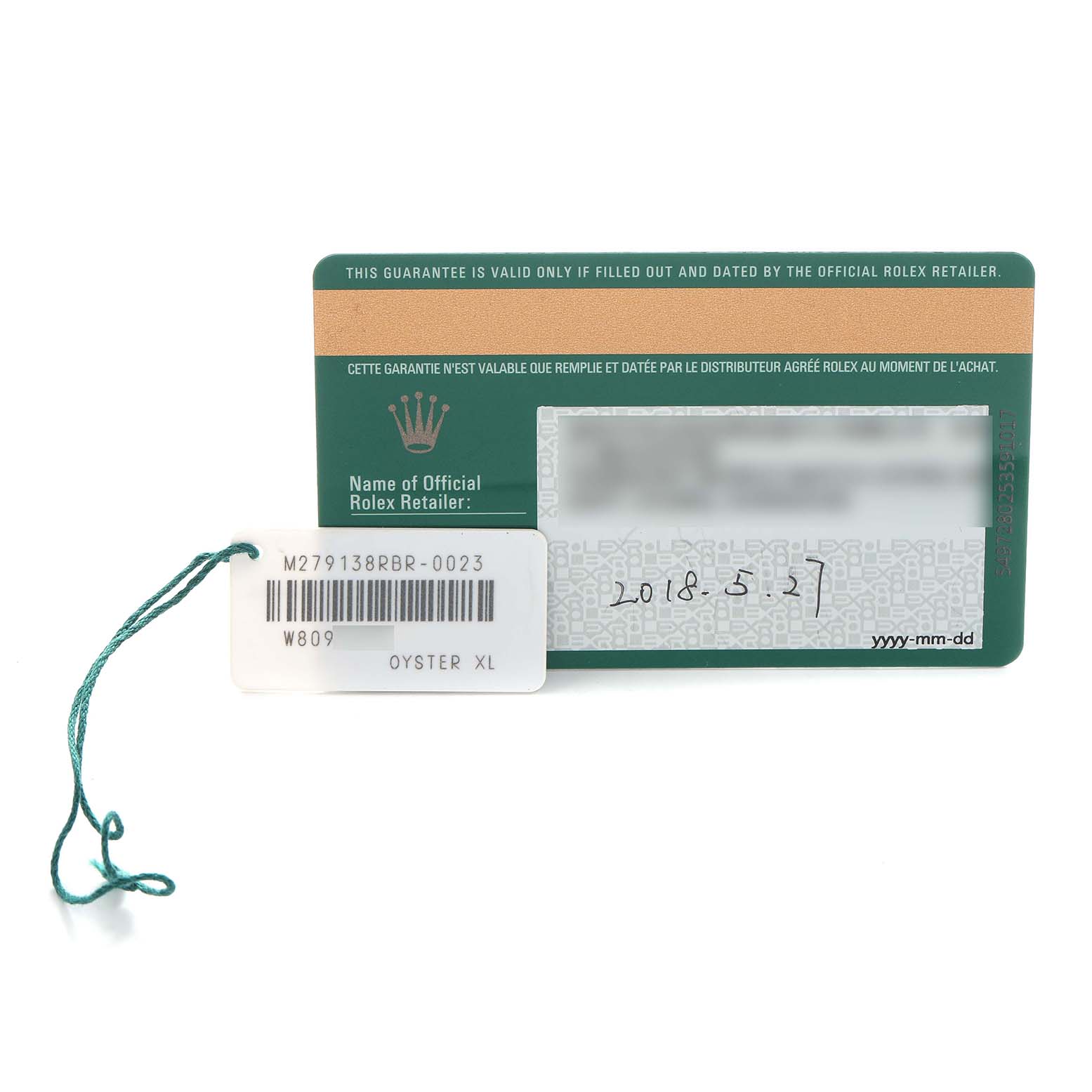 The image shows a Rolex guarantee card and a tag for the President model, highlighting certification and model details.