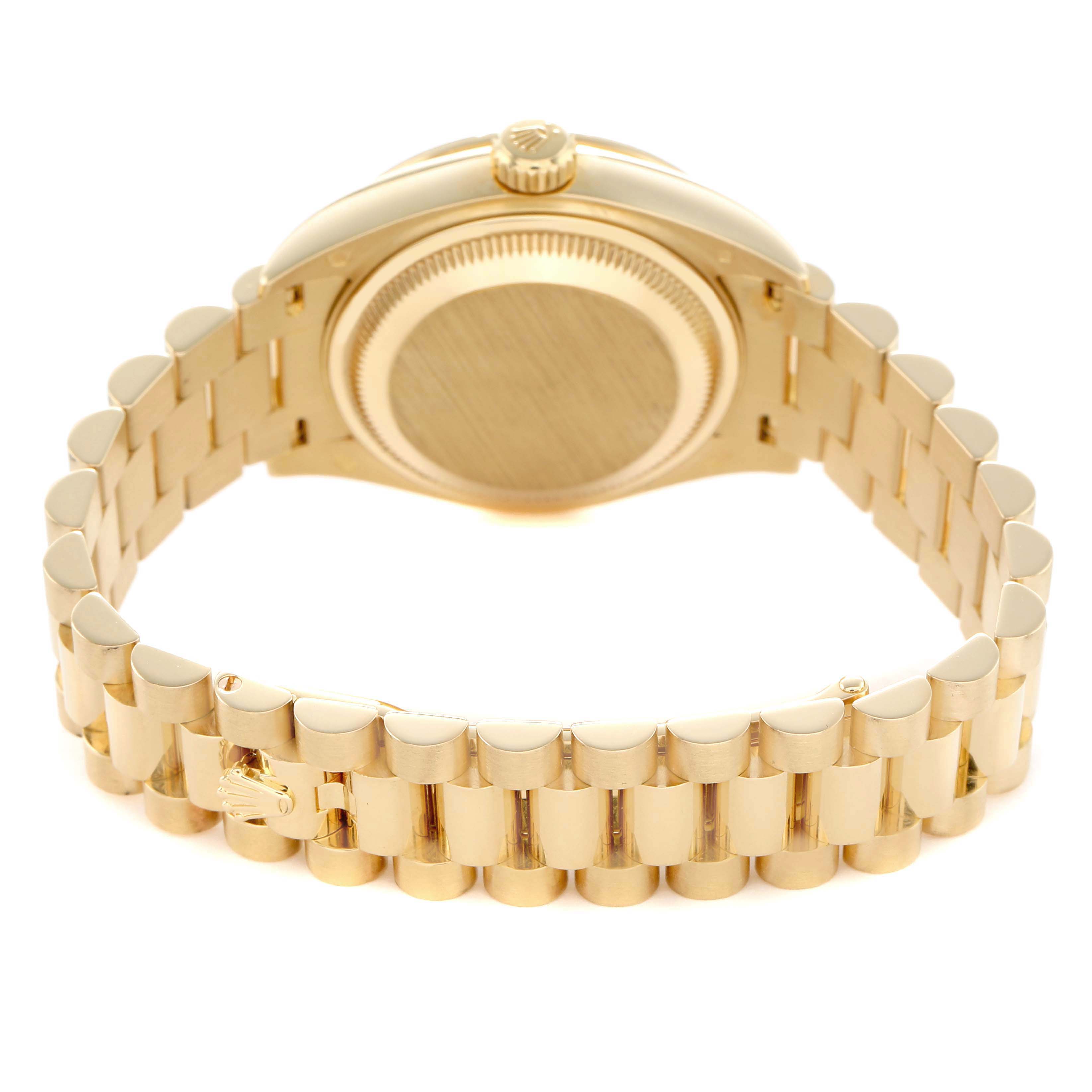 The Rolex President 279138 Women's Yellow Gold Champagne Dial model is shown from the back, highlighting the case back, crown, and bracelet.