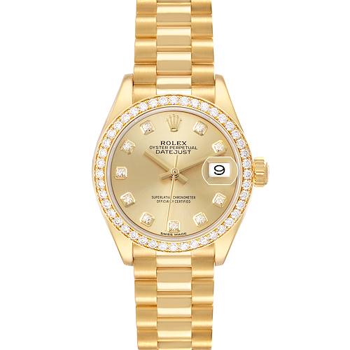 The Rolex President 279138 Women's Yellow Gold Champagne Dial model watch is shown from the front, featuring its gold dial, diamond hour markers, and President bracelet.