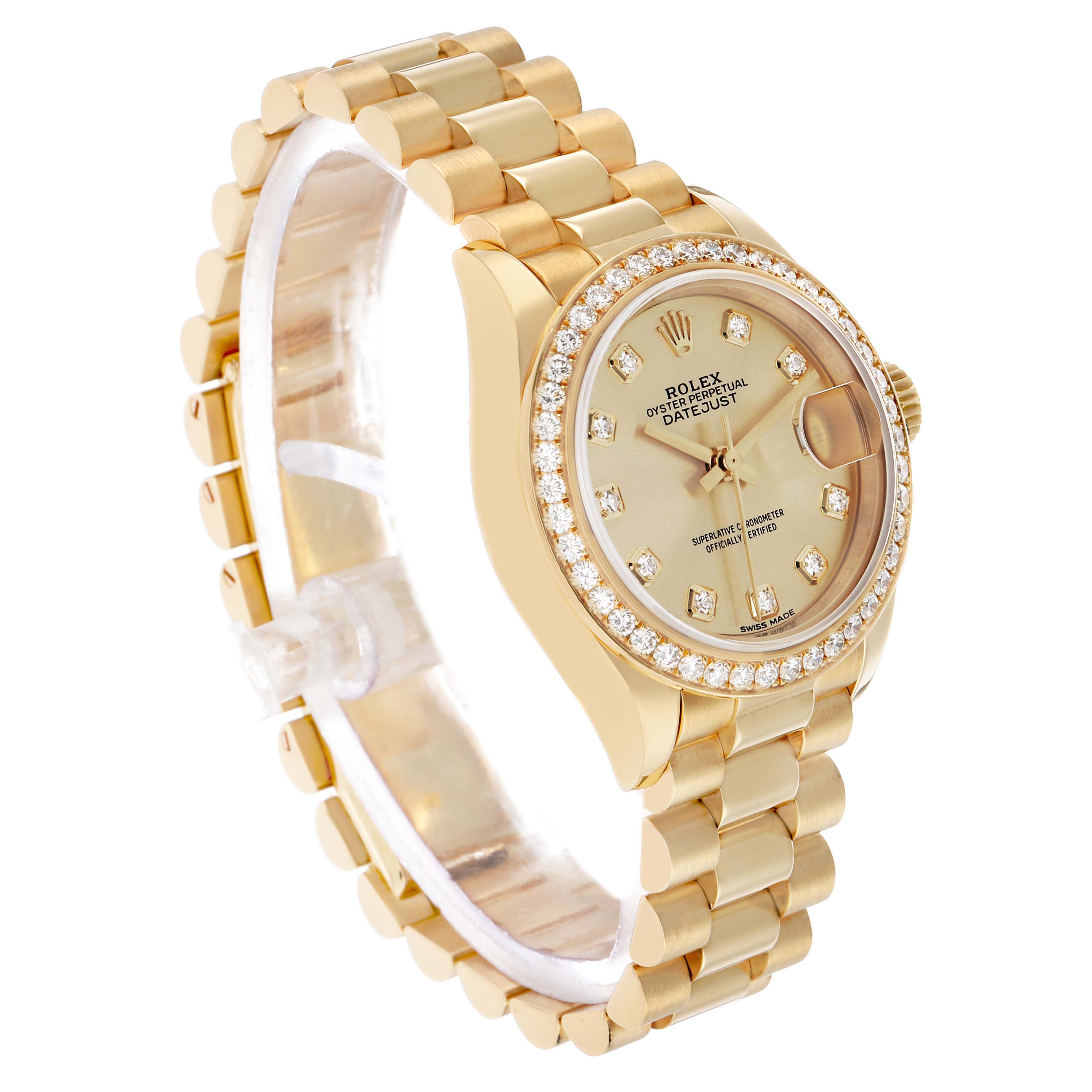 The Rolex President 279138 Women's Yellow Gold Champagne Dial model is shown at a three-quarter angle, displaying the bracelet, dial, and diamond bezel.