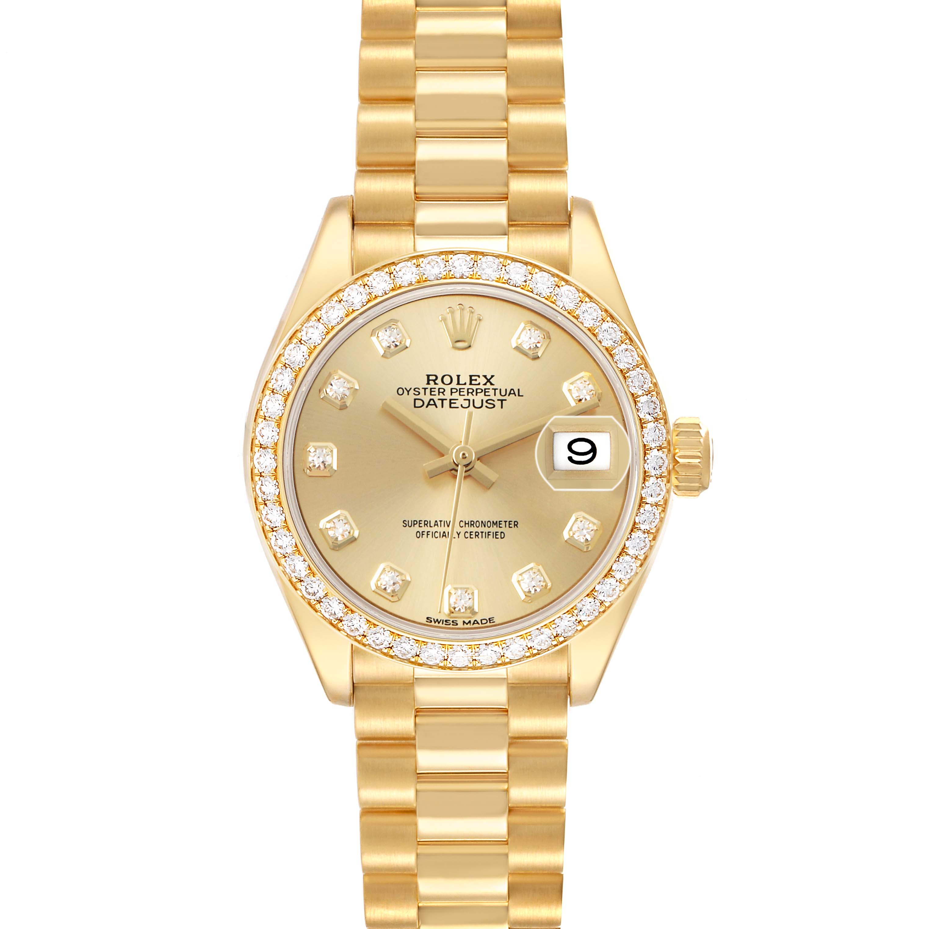 The Rolex President 279138 Women's Yellow Gold Champagne Dial model is shown from the front, highlighting the bracelet, dial, bezel, and date window.