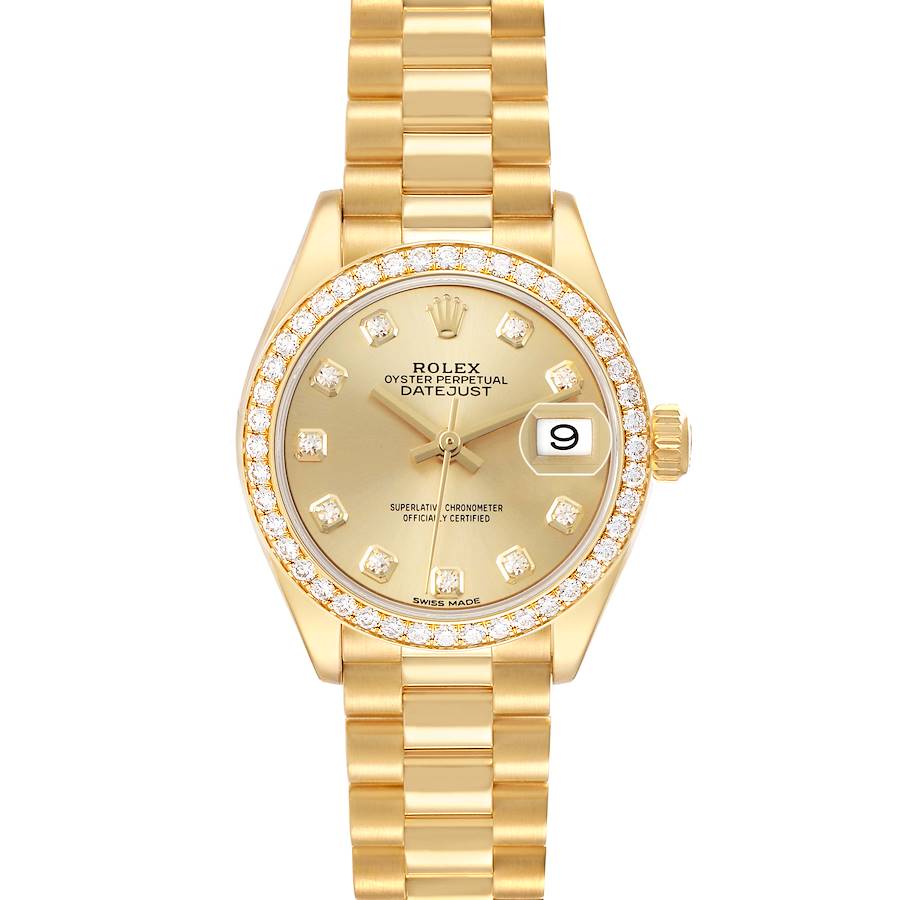 The Rolex President 279138 Women's Yellow Gold Champagne Dial model is shown from the front, highlighting the bracelet, dial, bezel, and date window.