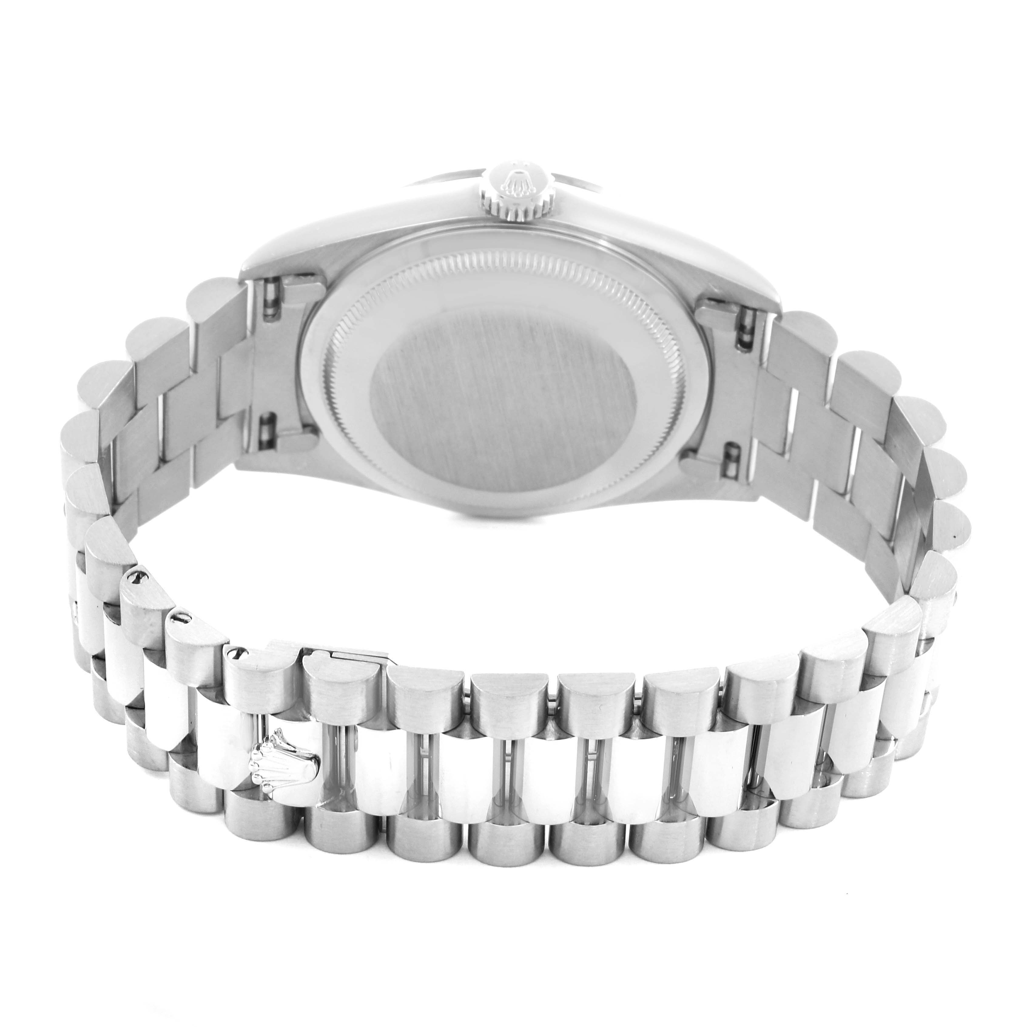 The image shows the back view of a Rolex President 18239A Men's White Gold Black Dial 18239A Men's White Gold Black Dial model, highlighting the bracelet and case back.