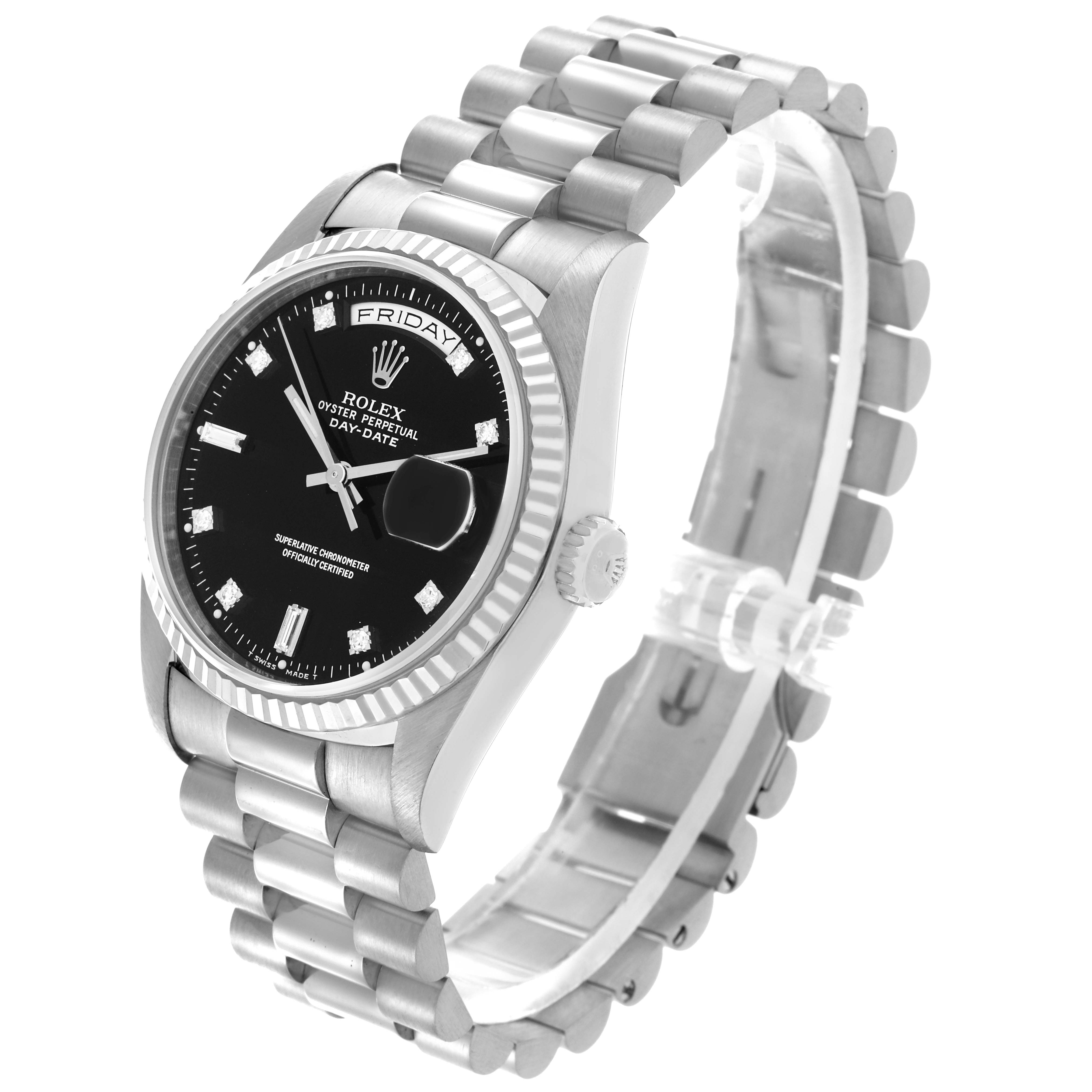 The Rolex President 18239A Men's White Gold Black Dial 18239A Men's White Gold Black Dial watch is shown at a three-quarter angle, displaying the face, fluted bezel, and bracelet.
