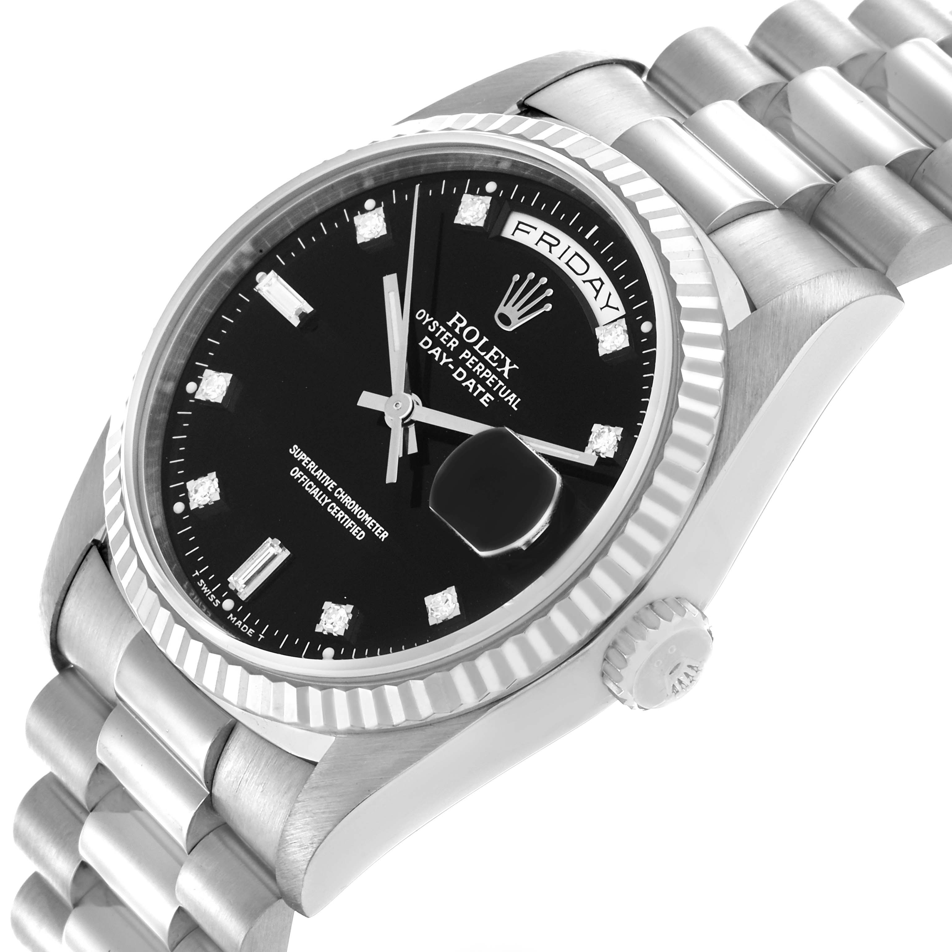 The Rolex President 18239A Men's White Gold Black Dial 18239A Men's White Gold Black Dial model is shown at an angled view highlighting the face, bezel, crown, and bracelet links.